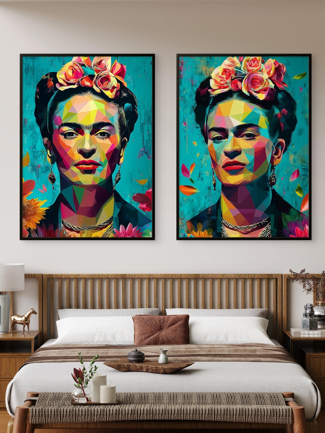 צמד תמונות קנבס של פרידה קאלו בעיצוב גיאומטרי צבעוני מתוך קולקציית NEXTGEN BY BAR מבית תכשיט לבית.