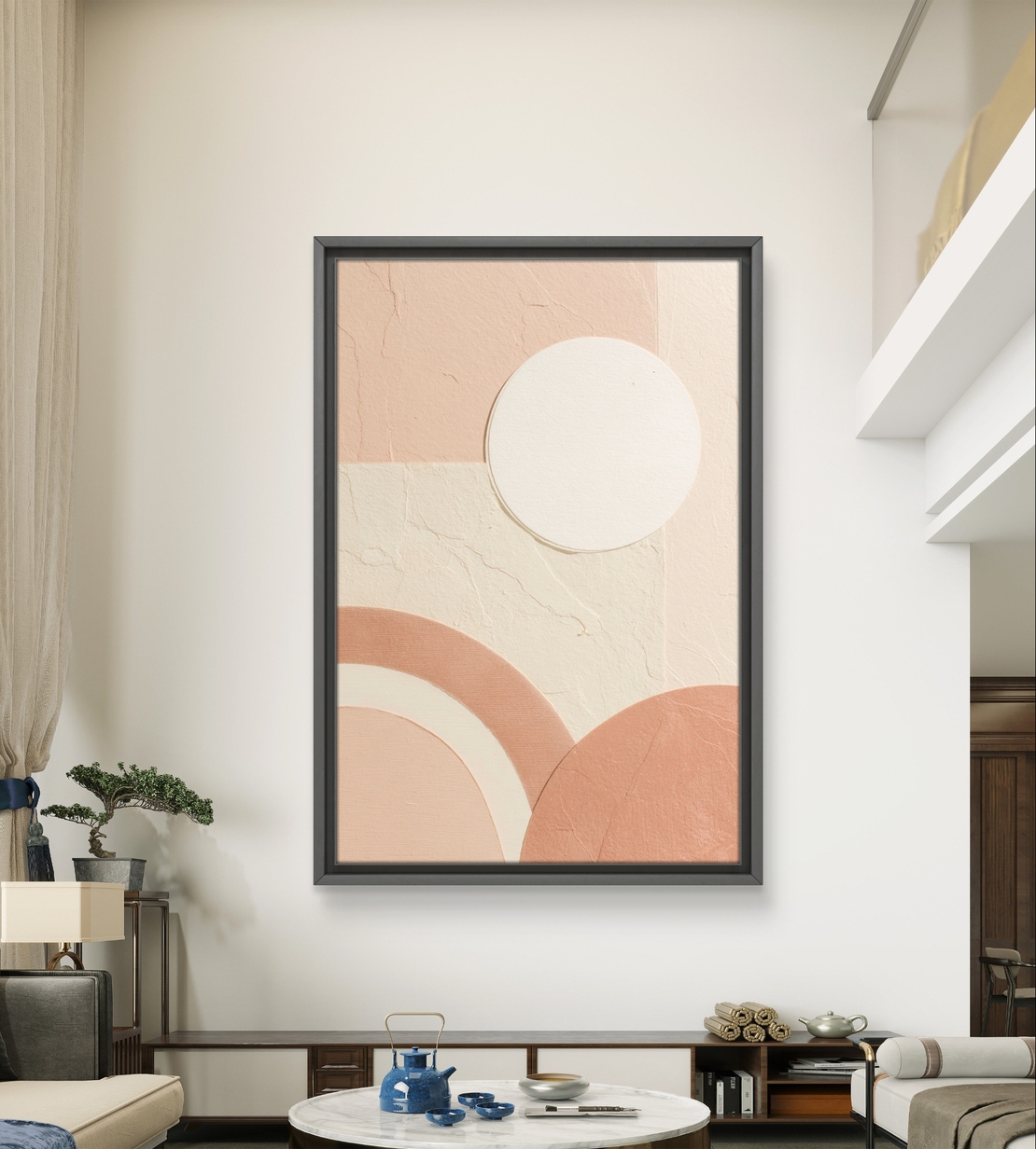 תמונת קנבס בגווני שמנת ואפרסק עם צורות גיאומטריות רכות והדפסה חלקה