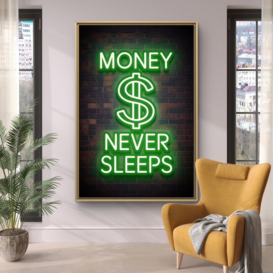 תמונת קנבס לאורך בעיצוב ניאון ירוק עם הכיתוב MONEY NEVER SLEEPS על רקע קיר לבנים