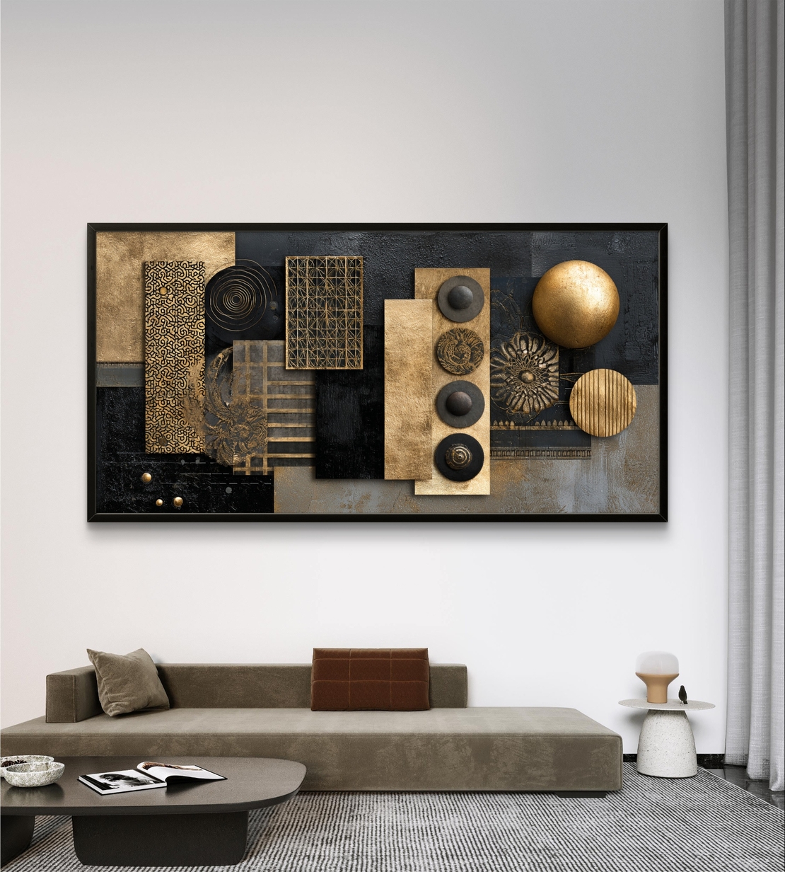 תמונת קנבס אבסטרקטית לרוחב בגווני שחור וזהב עם צורות גאומטריות וטקסטורות יוקרתיות