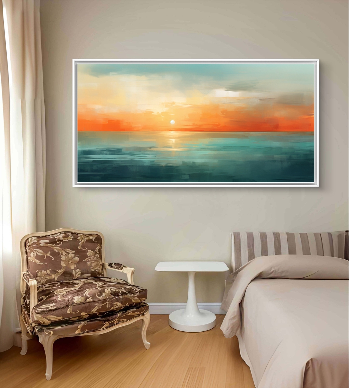 תמונת קנבס לרוחב עם שקיעה אבסטרקטית מעל הים בגווני תכלת, כתום וחול בעיצוב רגוע ואלגנטי