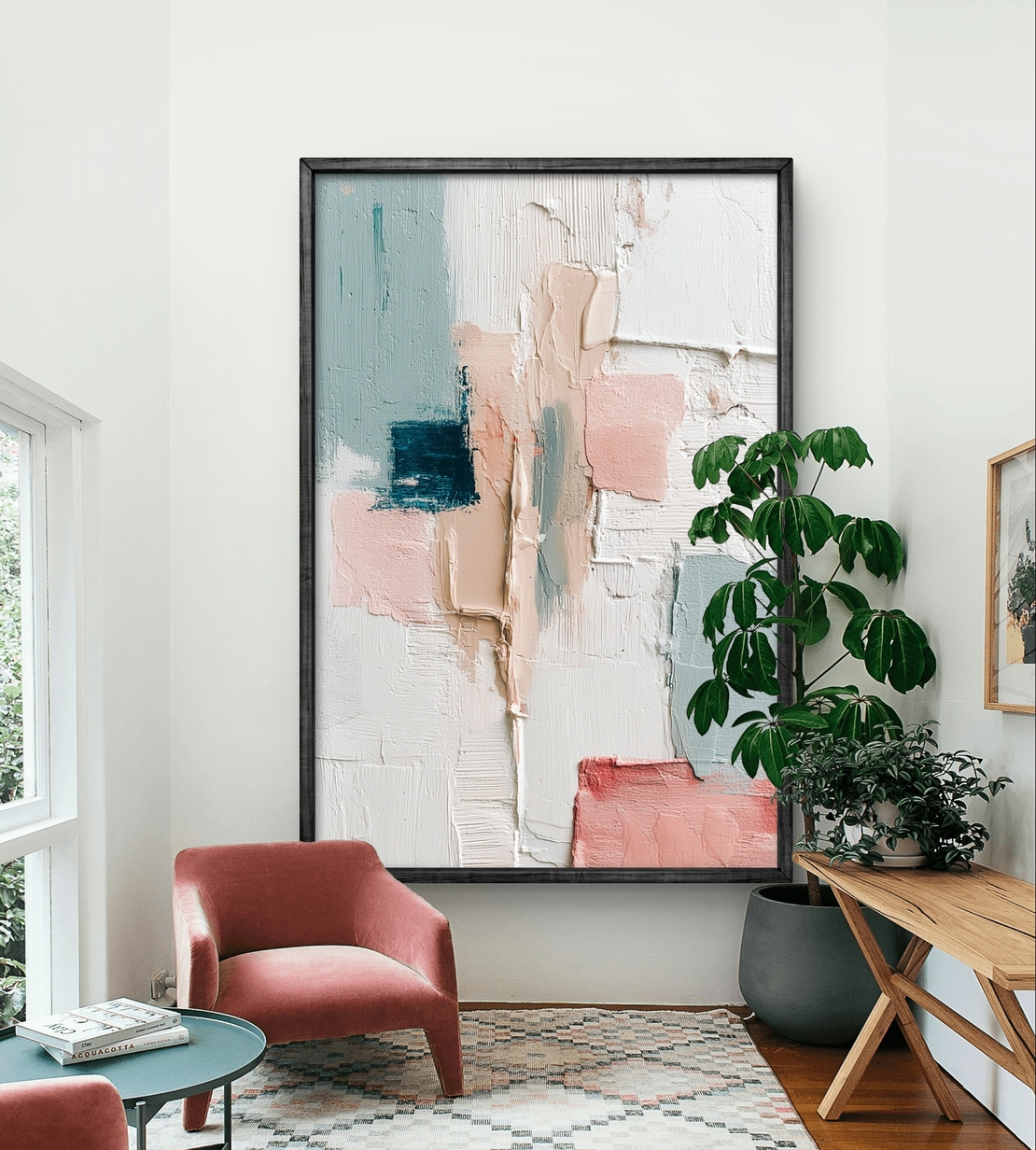 תמונת קנבס אבסטרקטית בגווני פודרה ותכלת עם מרקם עדין ועיצוב מודרני