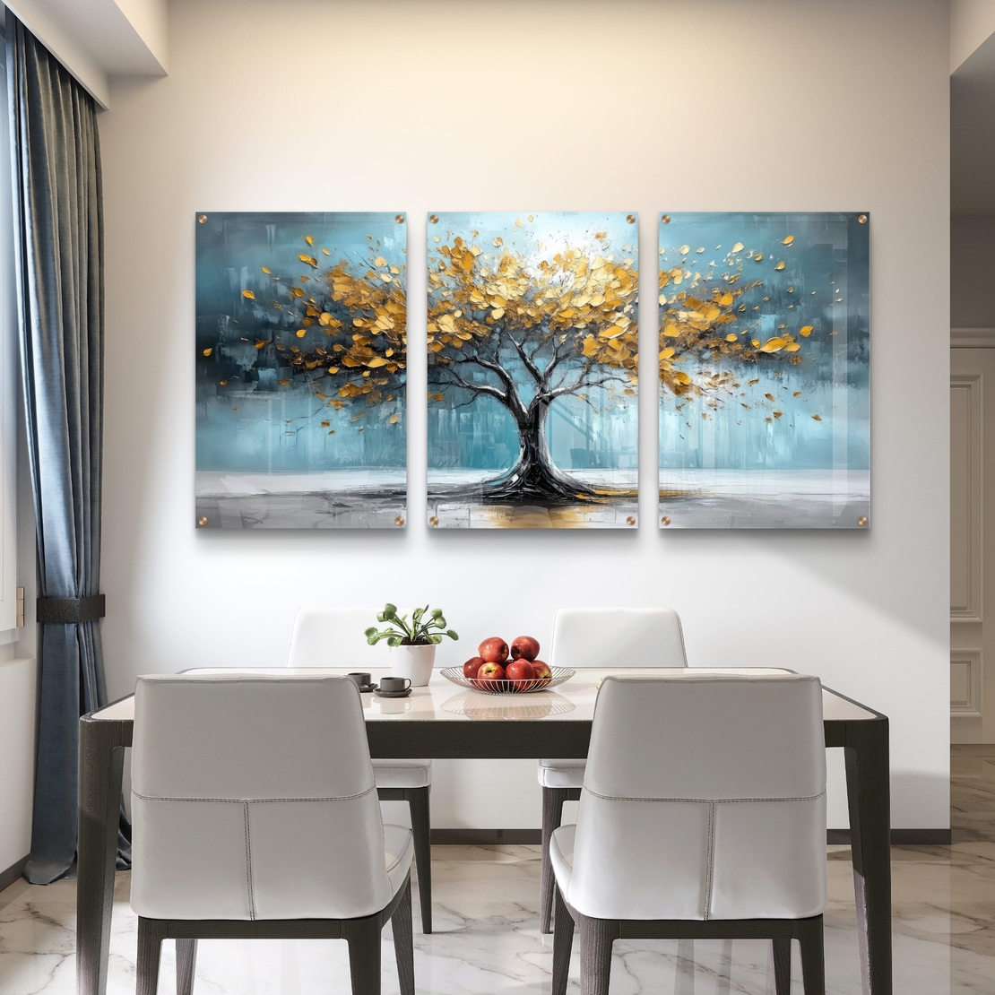 תמונת זכוכית שלישייה עם עץ זהוב על רקע כחול טורקיז בעיצוב מודרני