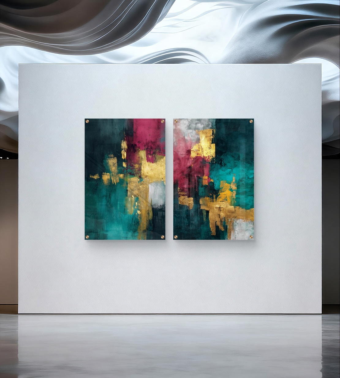 תמונת זכוכית זוגית אבסטרקטית בגווני טורקיז ובורדו עם נגיעות זהב, הדפסה חלקה ללא תבליט