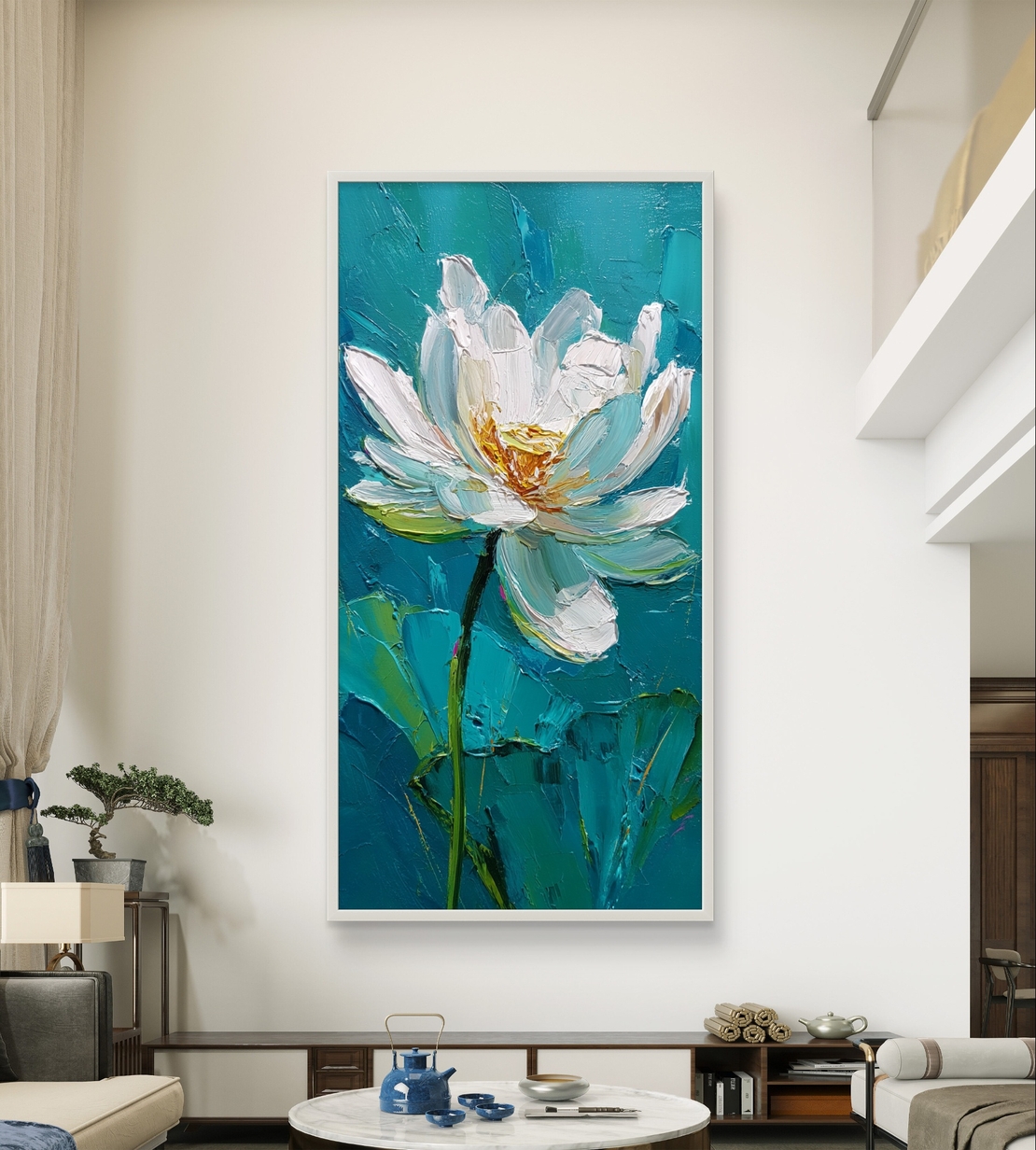 תמונת קנבס לאורך עם פרח לבן פתוח על רקע טורקיז בעיצוב אמנותי רגוע