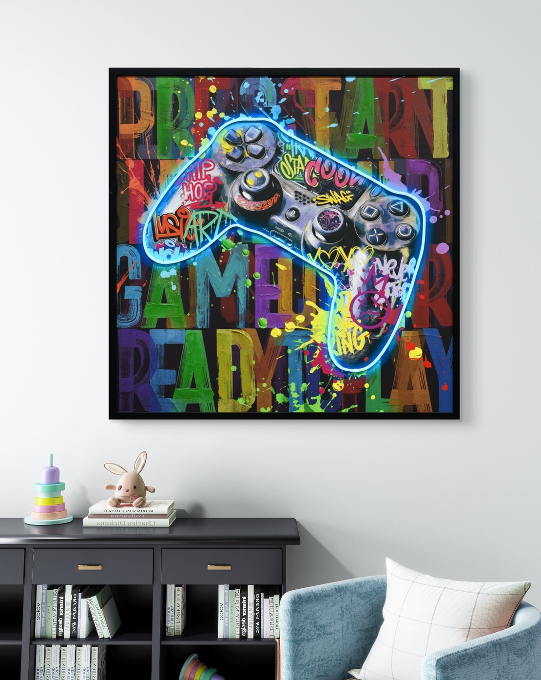 תמונת גיימינג מוארת עם שלט רחוק וסוללות – שלט קונסולה גרפיטי LED - מידה 83*83 ס