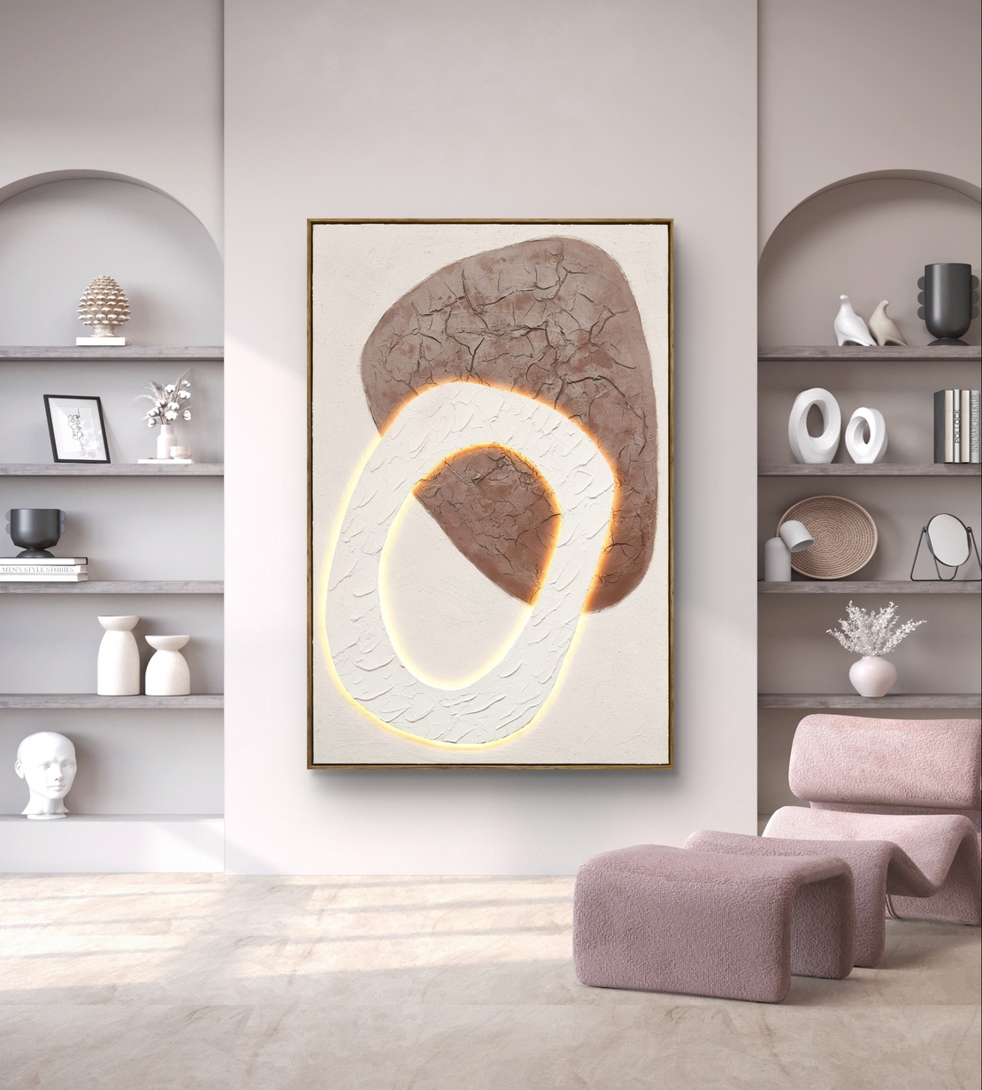 תמונת LED עבודת יד אבסטרקטית בגווני לבן וחום – מופעלת על סוללות עם שלט רחוק - מידה 83-123 ס