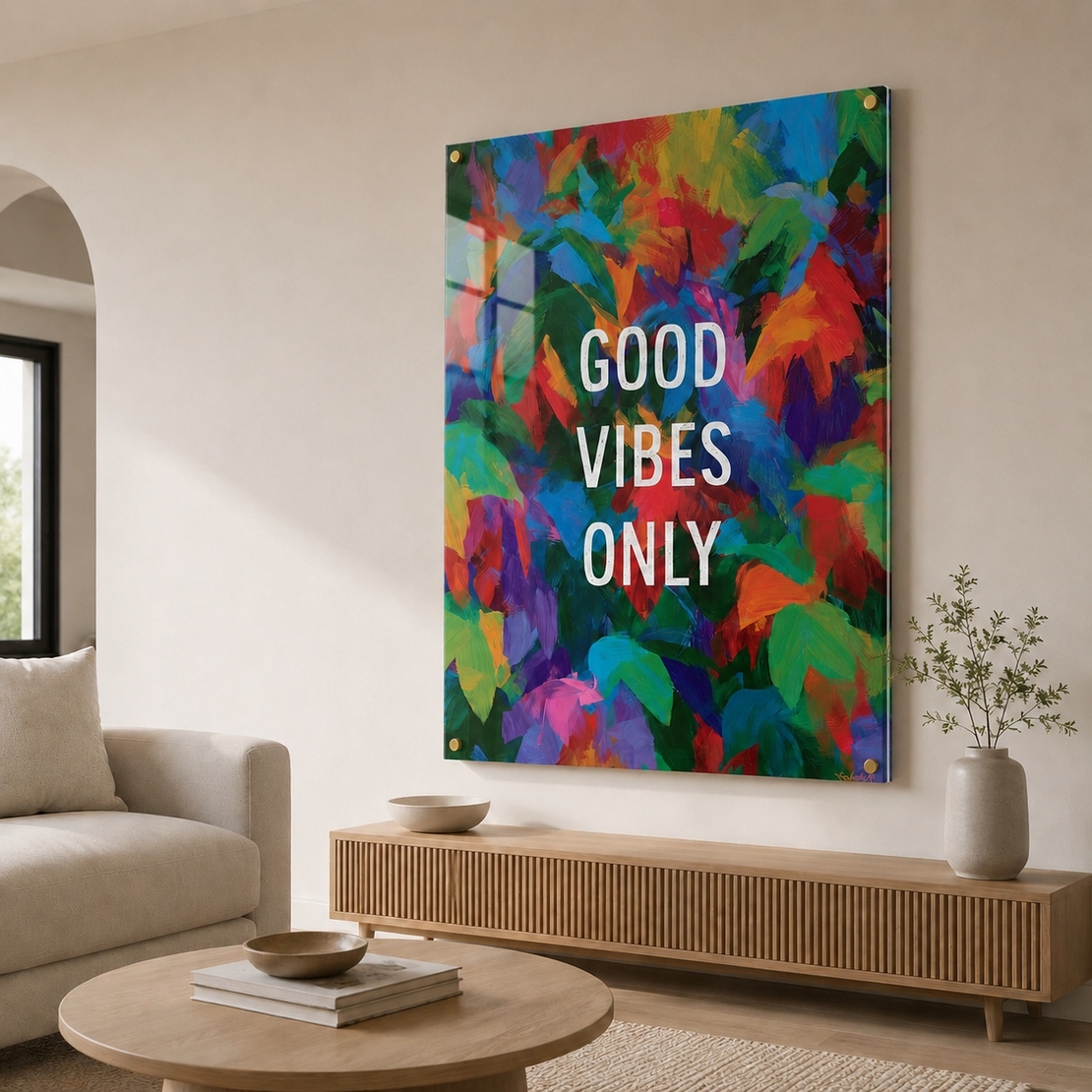 Good Vibes צבעוני – תמונת זכוכית אבסטרקטית עם מסר חיובי – דגם GT9434