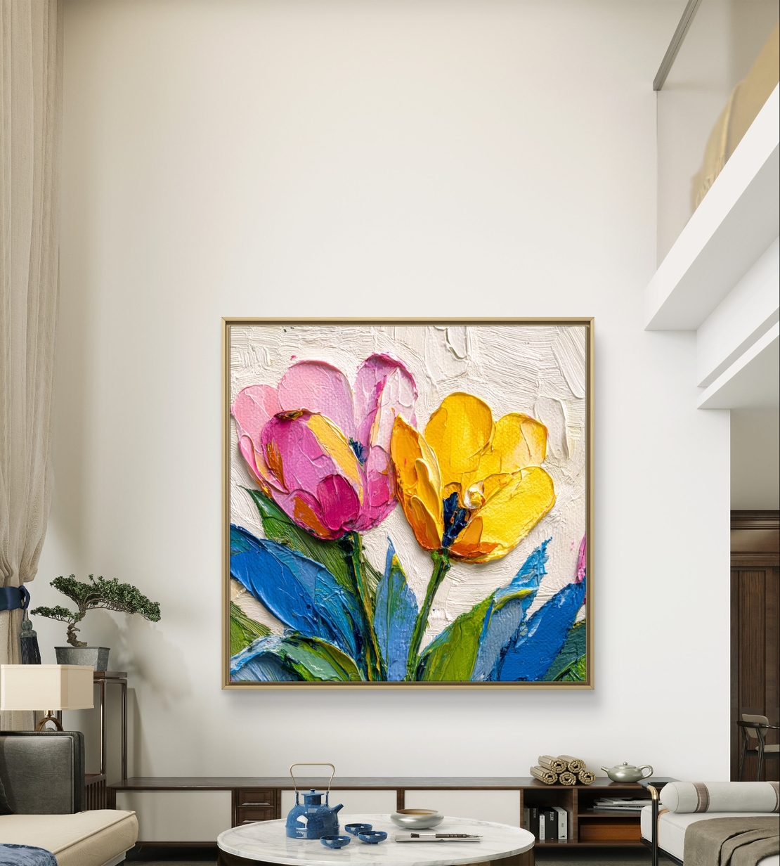 תמונת קנבס מרובעת עם פרחים ורודים וצהובים בסגנון אימפסטו על רקע בהיר