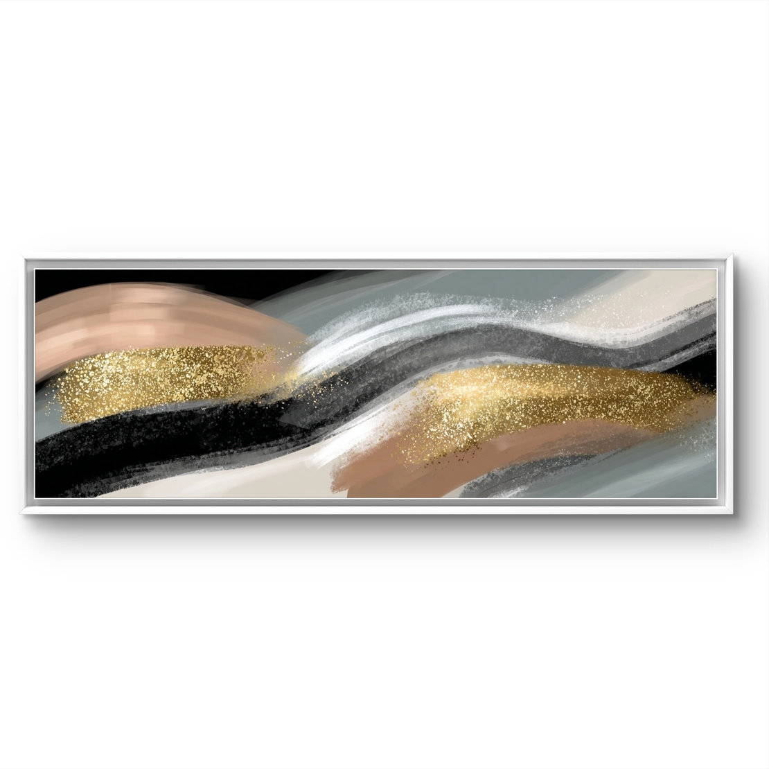ציור קיר פנורמי דרמטי עם קווים זורמים וזהב מנצנץ