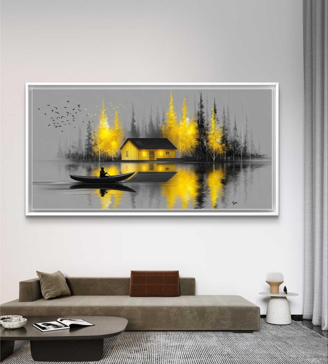 בית הזהב בערפל – תמונת קנבס נוף סירה ובית על אגם | CY4515