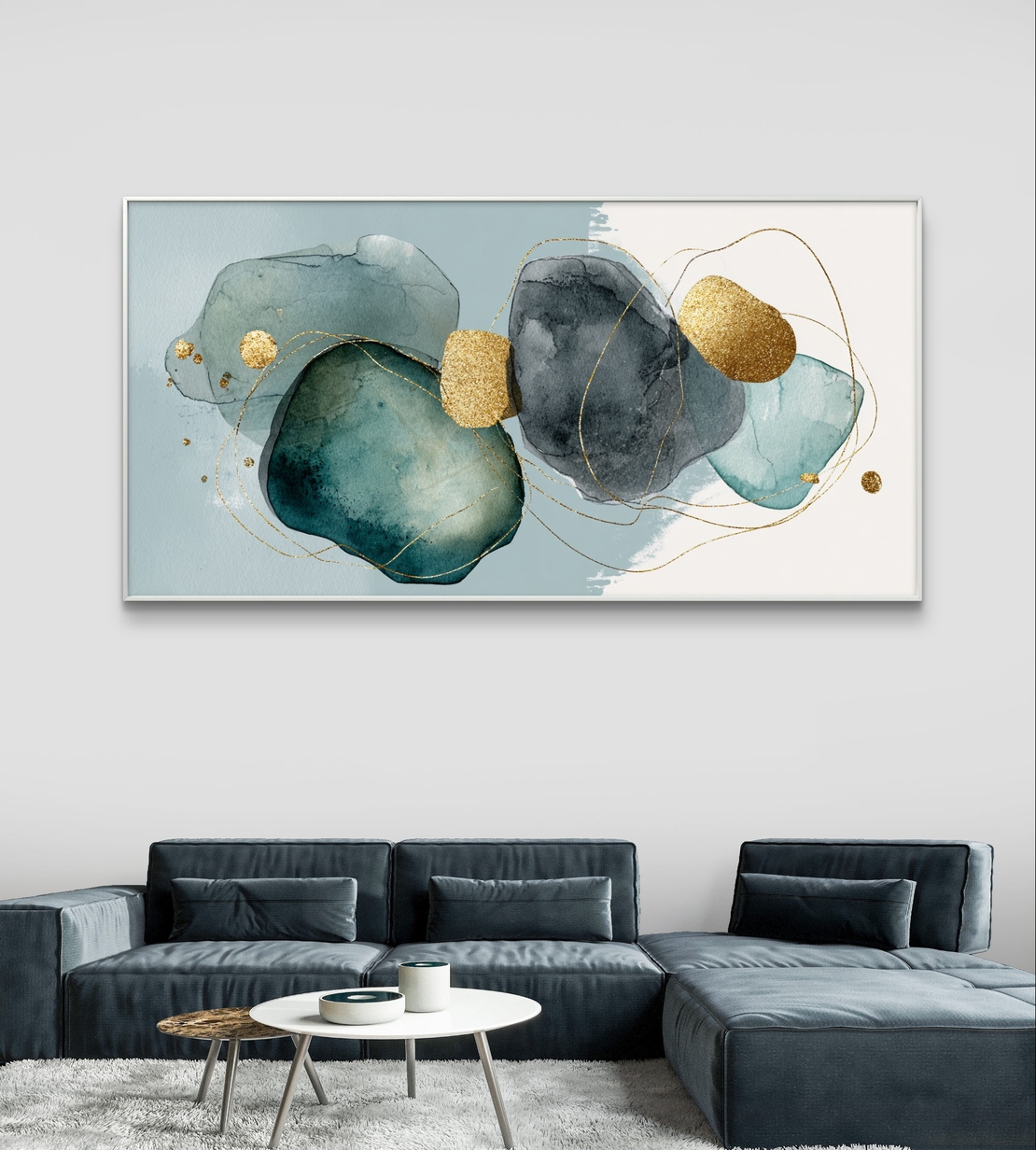 תמונת קנבס לרוחב בסגנון אקוורל בגווני טורקיז אפור וכחול עם נגיעות זהב עדינות – תכשיט לבית