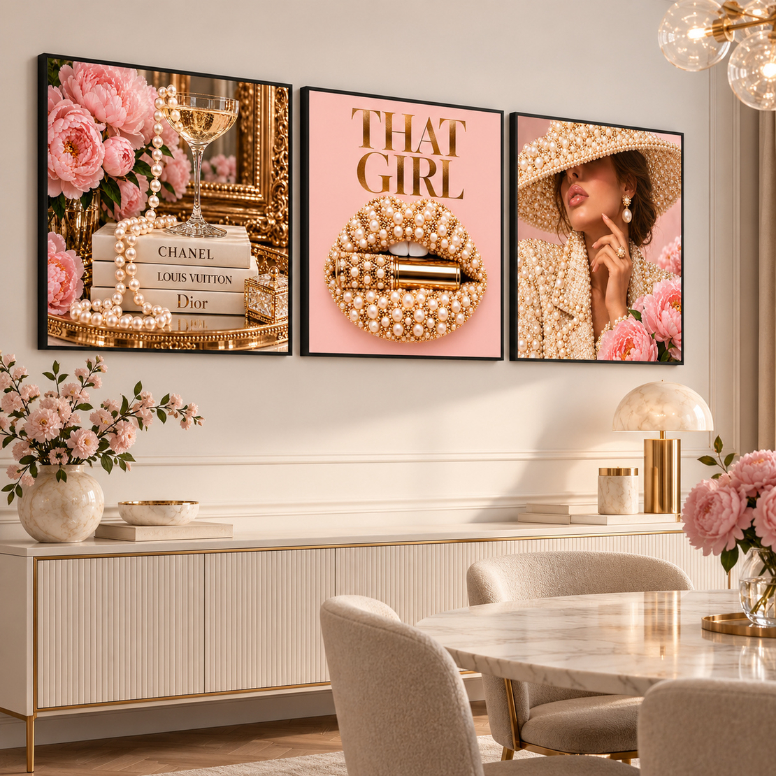 שלישיית קנבס אופנה ורודה וזהובה עם פרחים | דגם TN6843