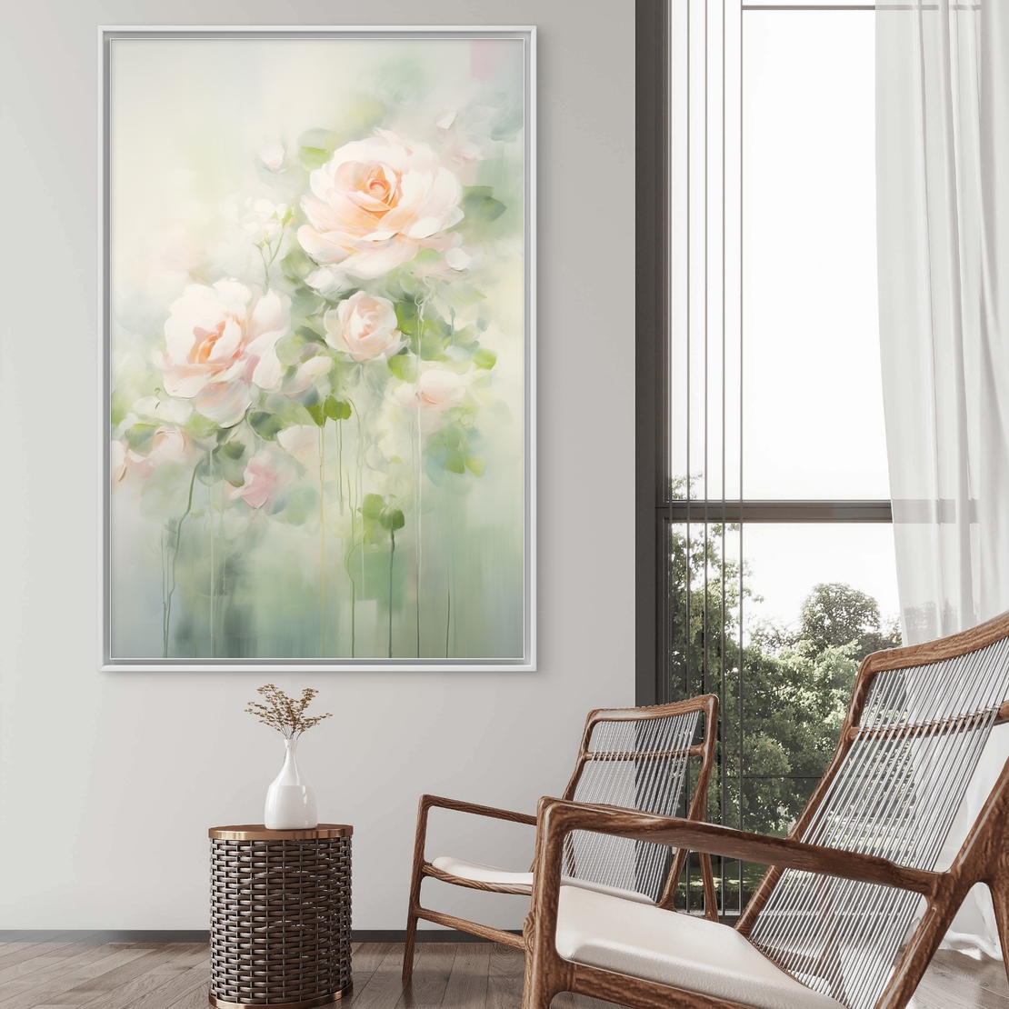 תמונת קנבס עדינה של ורדים בגווני שמנת וירוק – עיצוב רומנטי ויוקרתי מתוך קולקציית NEXTGEN BY BAR של תכשיט לבית.