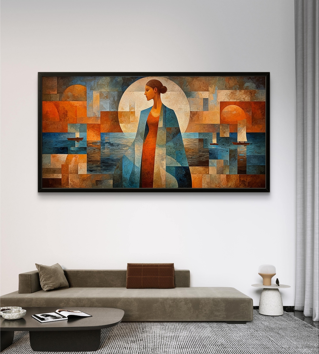 תמונת קנבס לרוחב עם דמות נשית אבסטרקטית בגווני כחול וכתום בעיצוב אומנותי מודרני לסלון