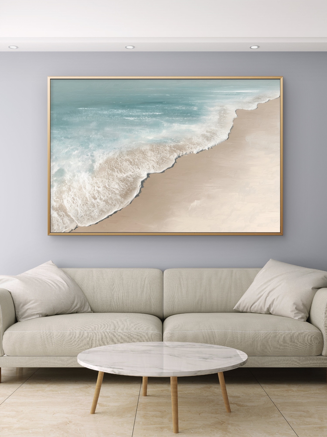 תמונת קנבס רחבה של חוף ים בגווני תכלת וחול בהיר, עם הדפסה חלקה ואיכותית – NEXTGEN BY BAR.