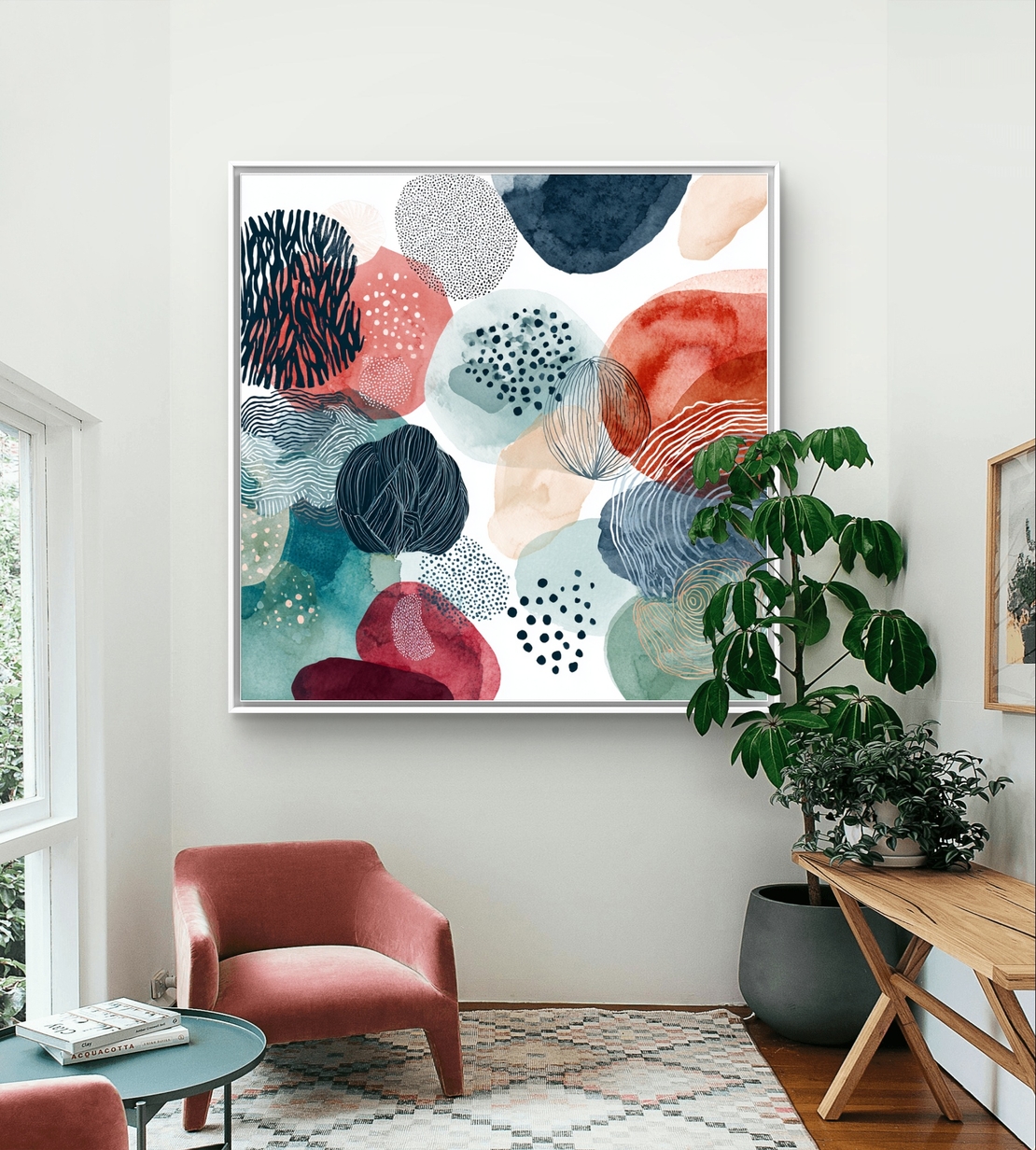 קולאז׳ אקוורל – תמונת קנבס אבסטרקט צבעי מים בטורקיז וקורל | SQ3382