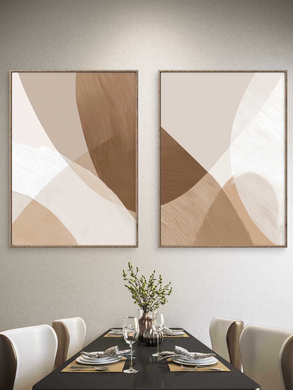 זוג תמונות קנבס בגווני בז׳, חום וקרם, בעיצוב מופשט עם קווים רכים והרמוניים, הדפסה חלקה ואיכותית מבית תכשיט לבית – NEXTGEN BY BAR.