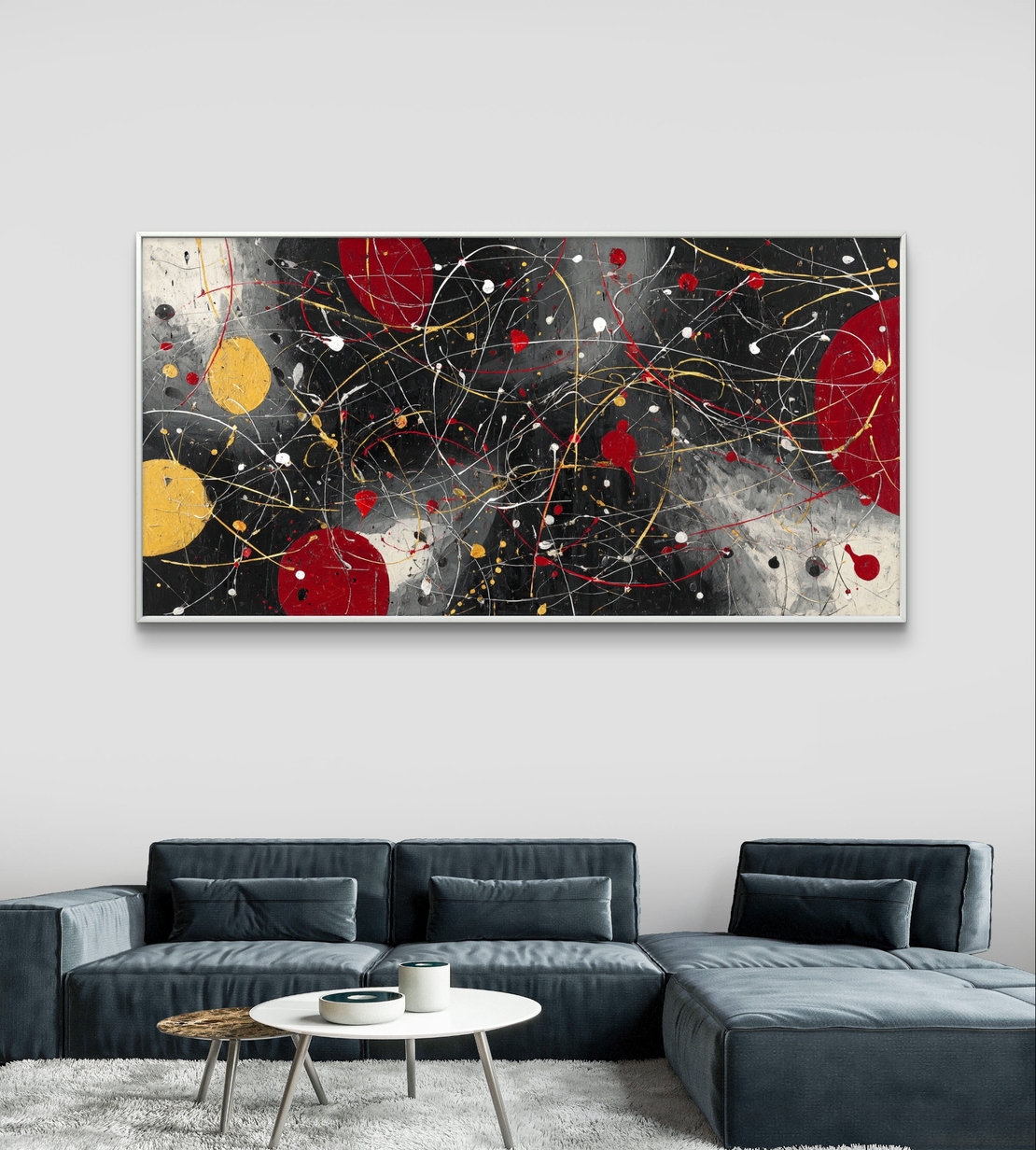 תמונת קנבס אבסטרקטית לרוחב בגווני שחור, אדום וצהוב עם קווים דינמיים ונגיעות זהב