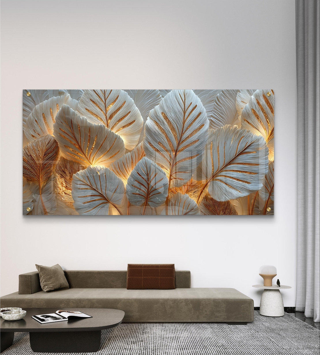 עלי זהב ולבן על זכוכית – תמונת זכוכית יוקרתית למשרד ולסלון | GX4175