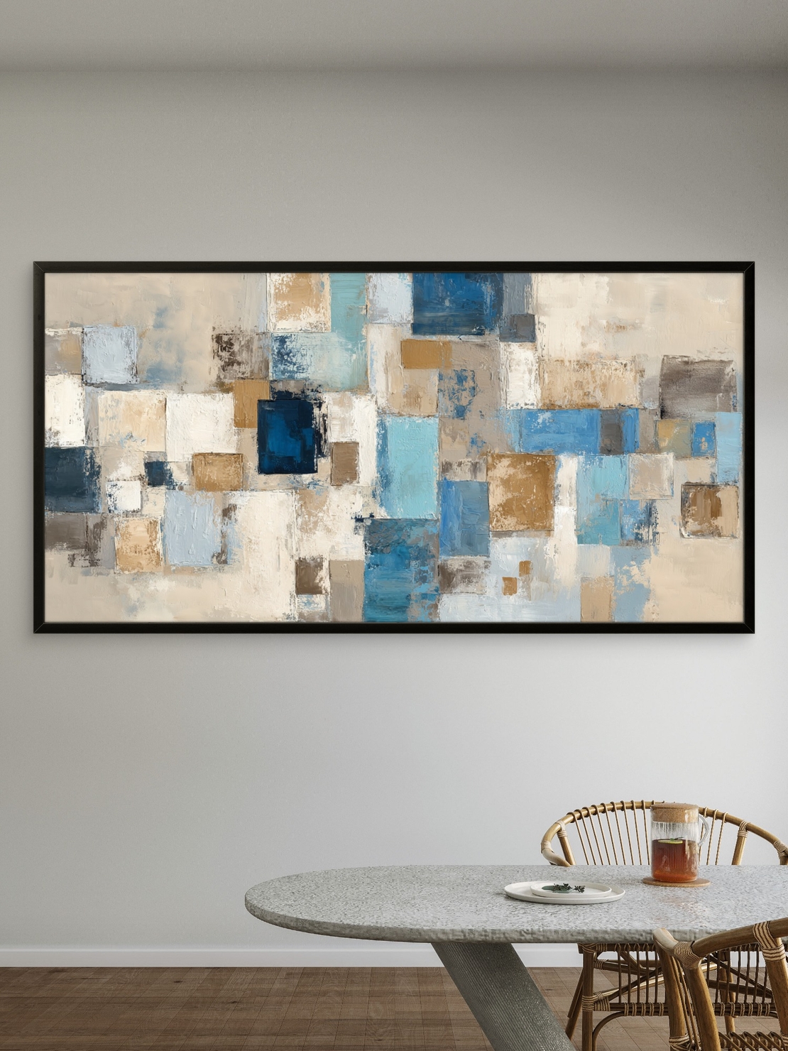 תמונת קנבס אבסטרקטית בגווני בז', כחול וטורקיז בעיצוב מודרני