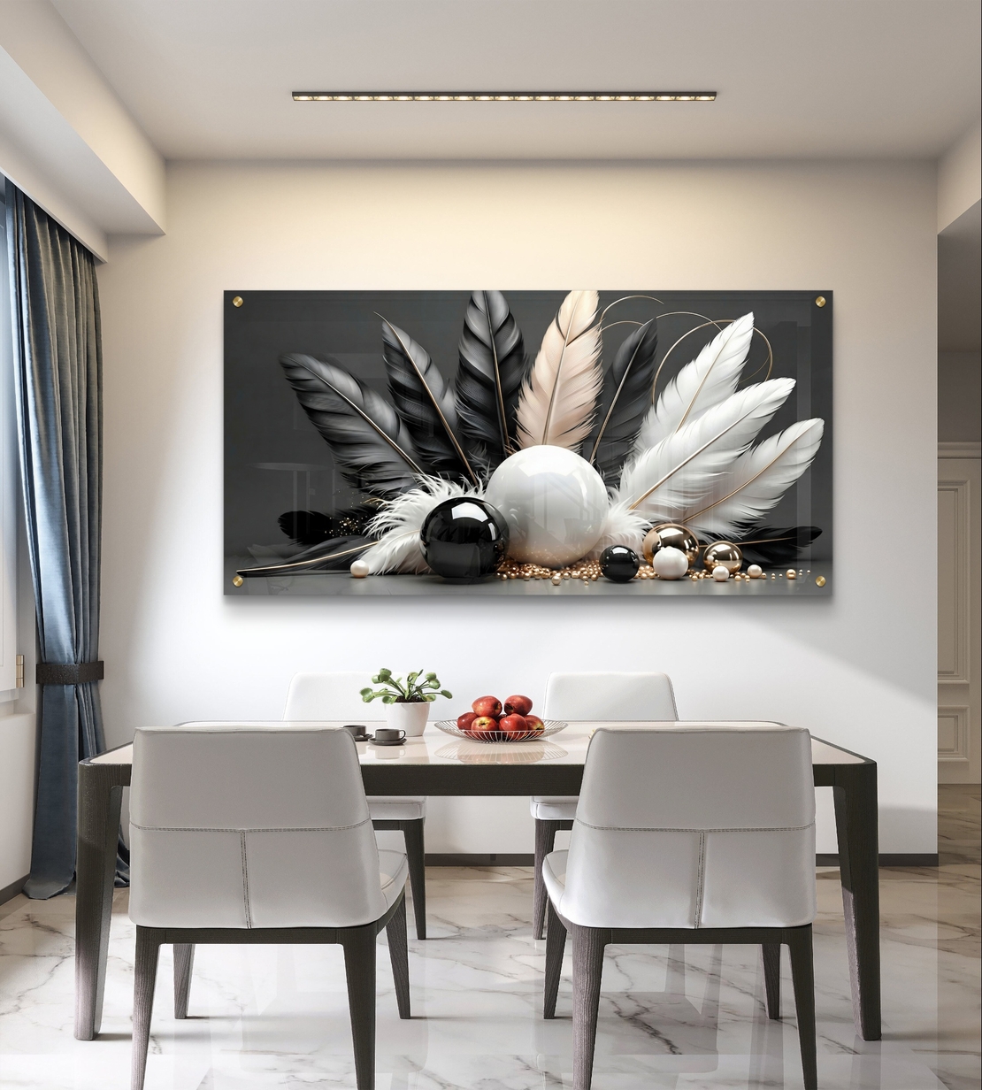 תמונת קיר זכוכית יוקרתית עם נוצות דקורטיביות וכדורים מבריקים לסלון מודרני