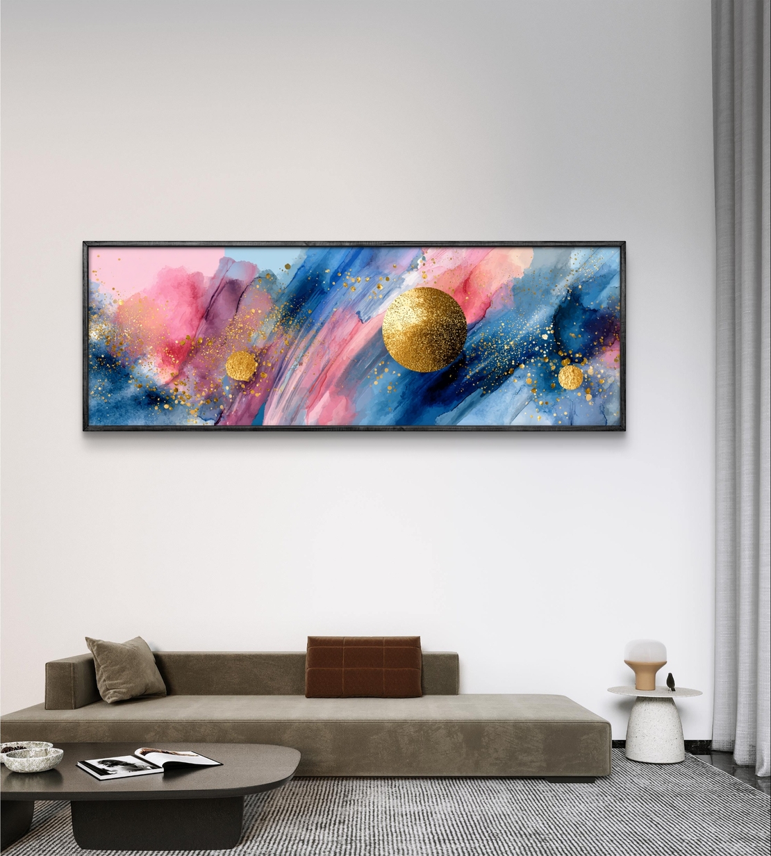 תמונת קנבס פנורמית צבעונית בגווני כחול וורוד עם נקודות זהב בהדפסה חלקה – תכשיט לבית