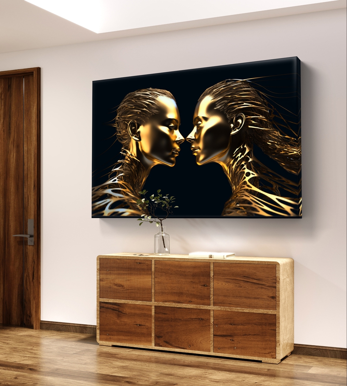 תמונת קנבס לרוחב עם שתי דמויות זהובות סימטריות על רקע שחור בעיצוב מודרני ויוקרתי