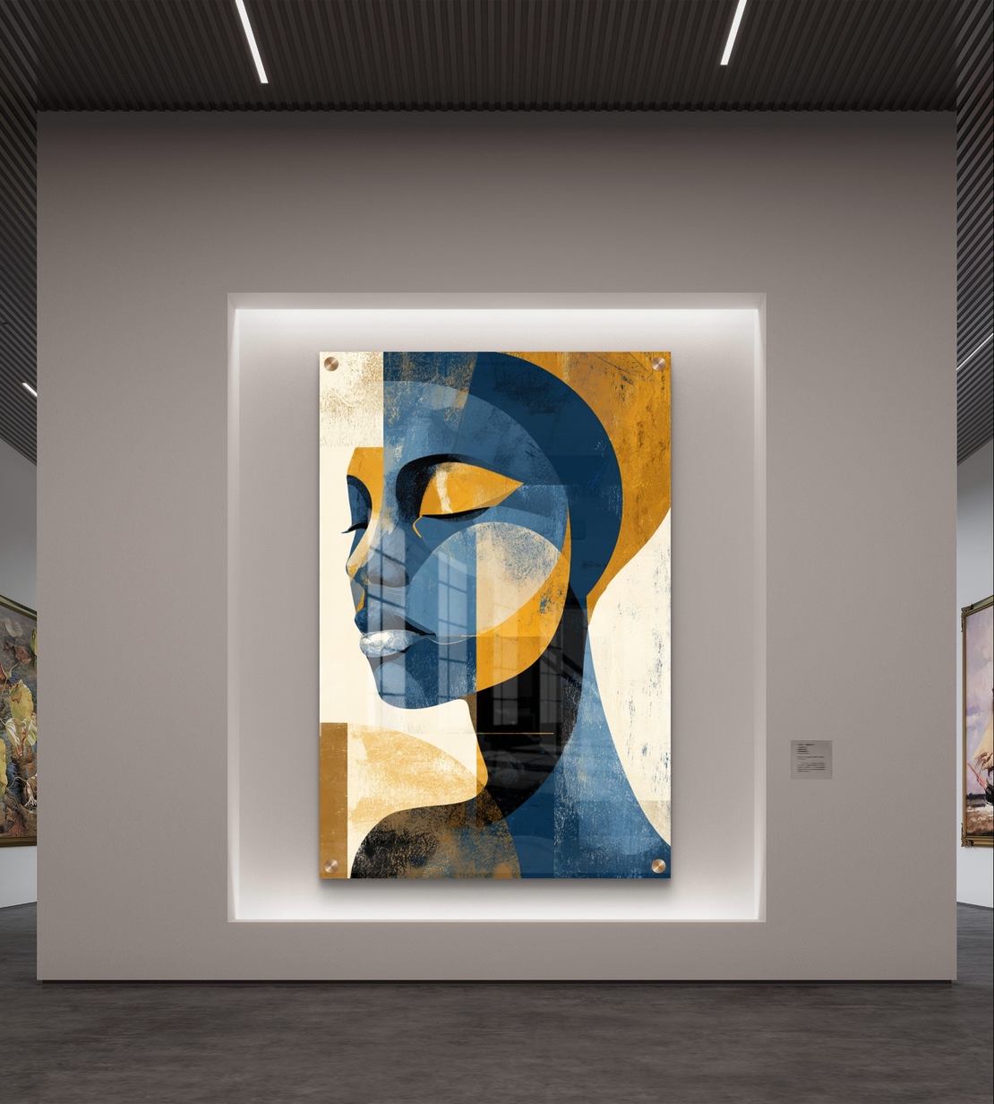 תמונת זכוכית מודרנית של פרופיל נשי מופשט בגווני כחול וזהב – תכשיט לבית