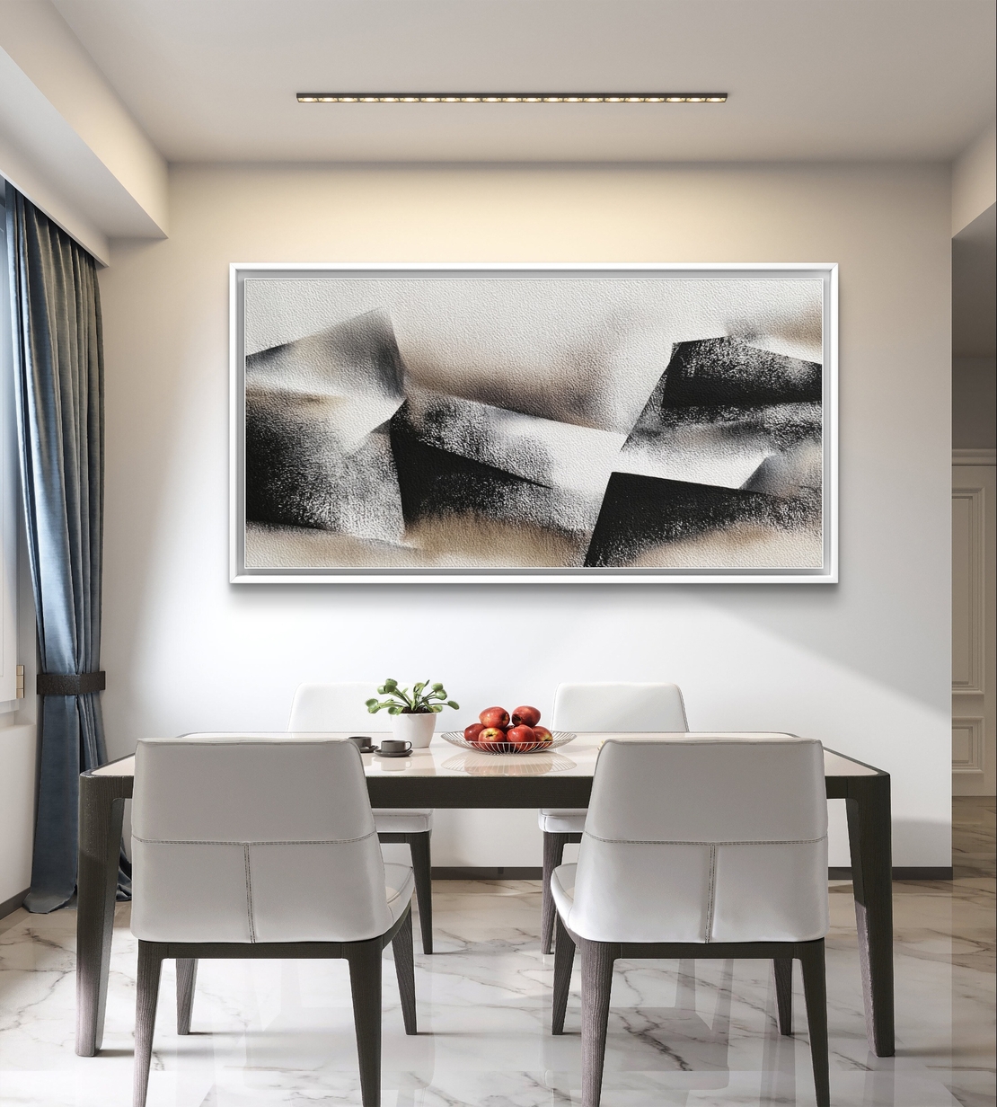 תמונת קנבס לרוחב בעיצוב אבסטרקט גאומטרי בגווני שחור, אפור ושמנת בסגנון מינימליסטי