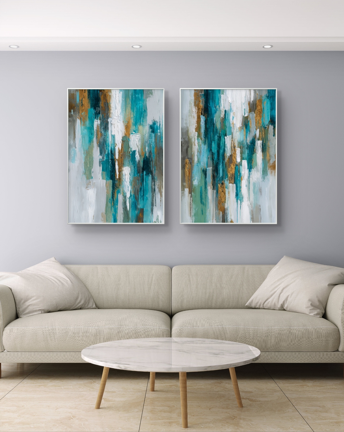סט תמונות קנבס זוגי בגווני טורקיז, לבן וזהב בעיצוב אבסטרקטי – תכשיט לבית