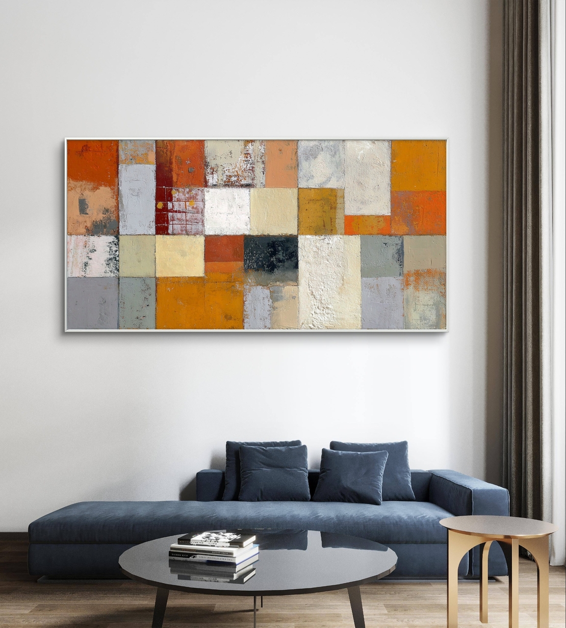 תמונת קנבס בסגנון פסיפס מופשט בגווני כתום, שמנת ואפור, בהדפסה חלקה ללא תבליט מקולקציית תכשיט לבית.