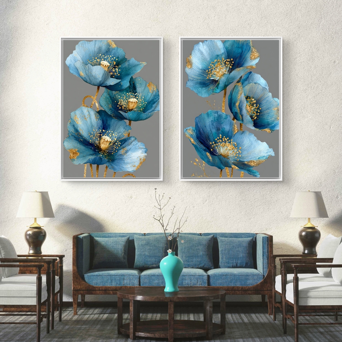 זוג תמונות קנבס פרחים כחולים עם נגיעות זהב – דגם TL8551