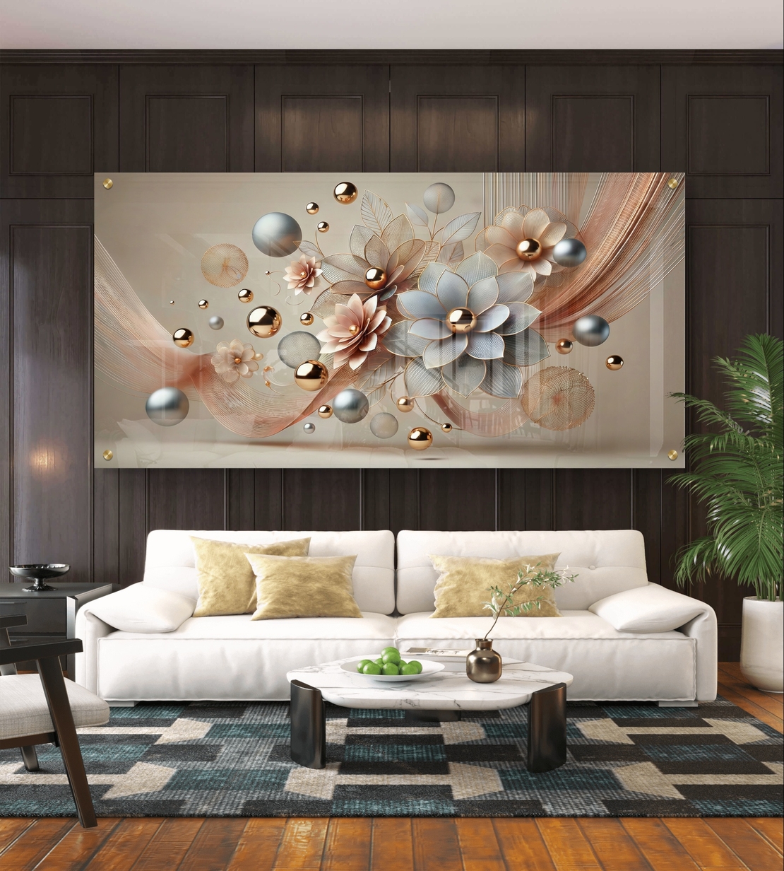 תמונת זכוכית פרחונית עם גלים עדינים, כדורים מטאליים ופרחים בהירים