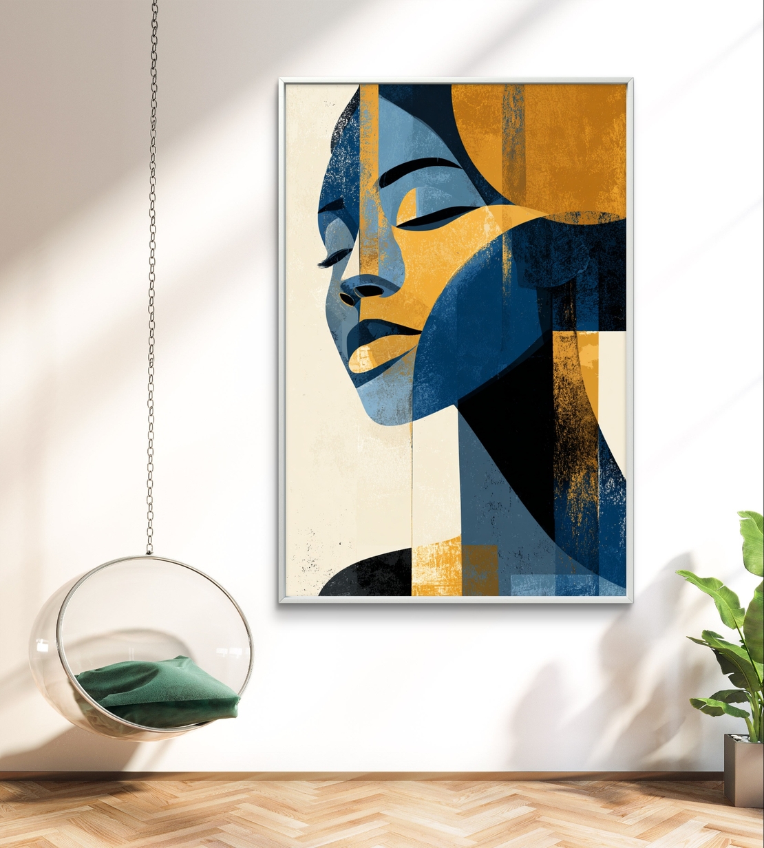תמונת קנבס מודרנית של דיוקן נשי בגווני כחול וזהב בסגנון גאומטרי – תכשיט לבית