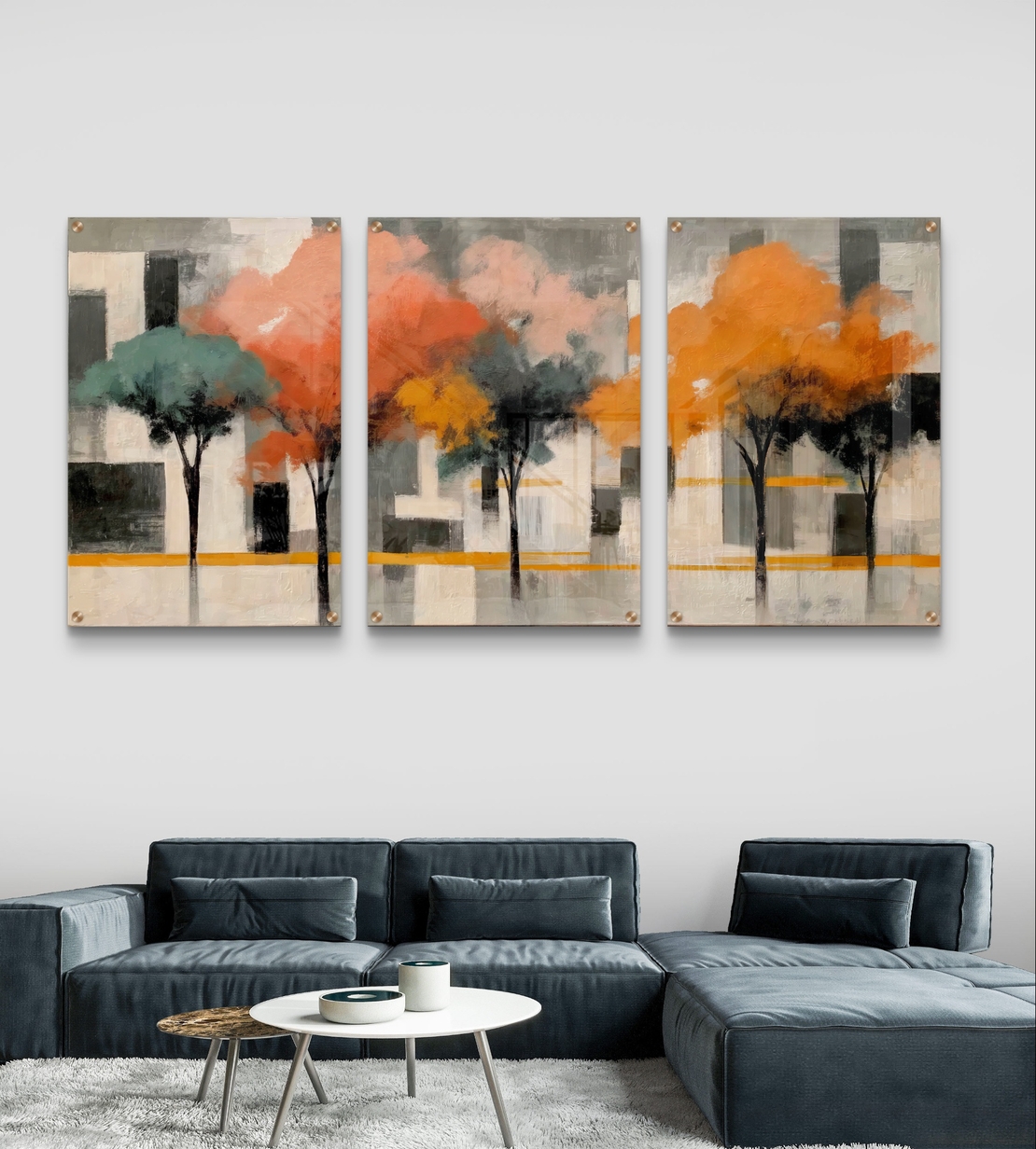 שלשת תמונות זכוכית עצים אבסטרקטיים בגווני כתום, אפרסק וטורקיז – דגם GG5473