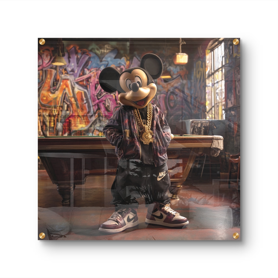 תמונת זכוכית מרובעת עם דמות מיקי בסגנון רחוב אורבני ורקע גרפיטי צבעוני, הדפסה חלקה ללא תבליט