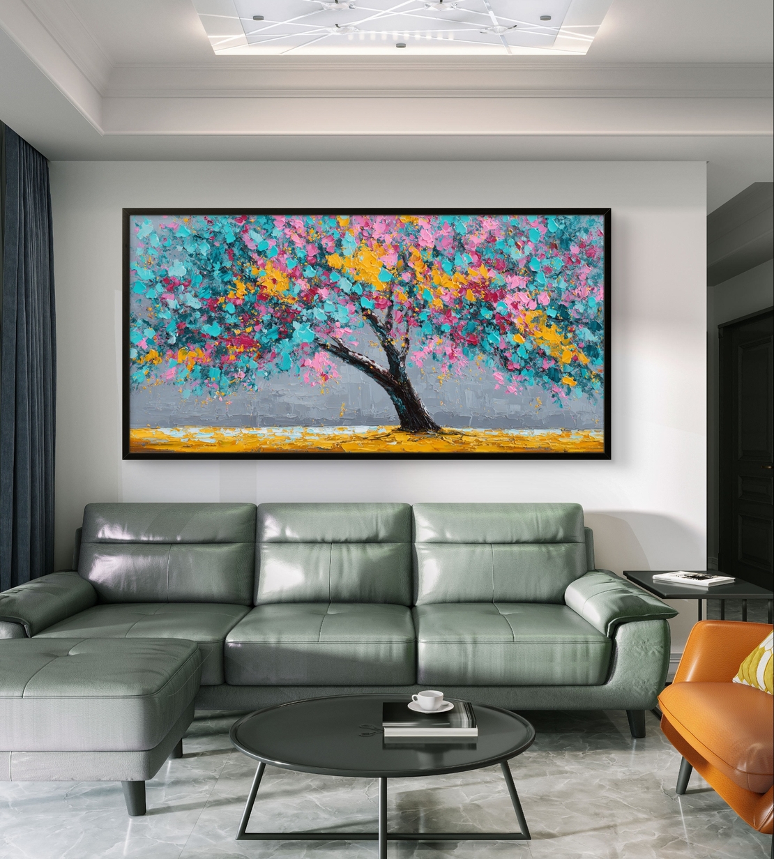 פריחת שמחה – תמונת קנבס עץ צבעוני בגווני טורקיז, ורוד וצהוב | CK4813