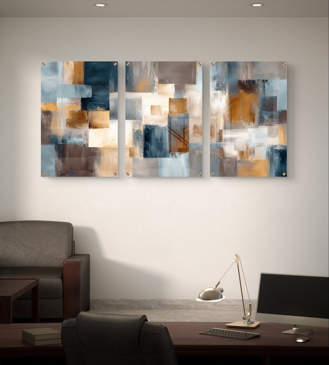 סט שלישייה של תמונות זכוכית אבסטרקטיות בגווני תכלת, שמנת וחום בעיצוב גאומטרי מודרני