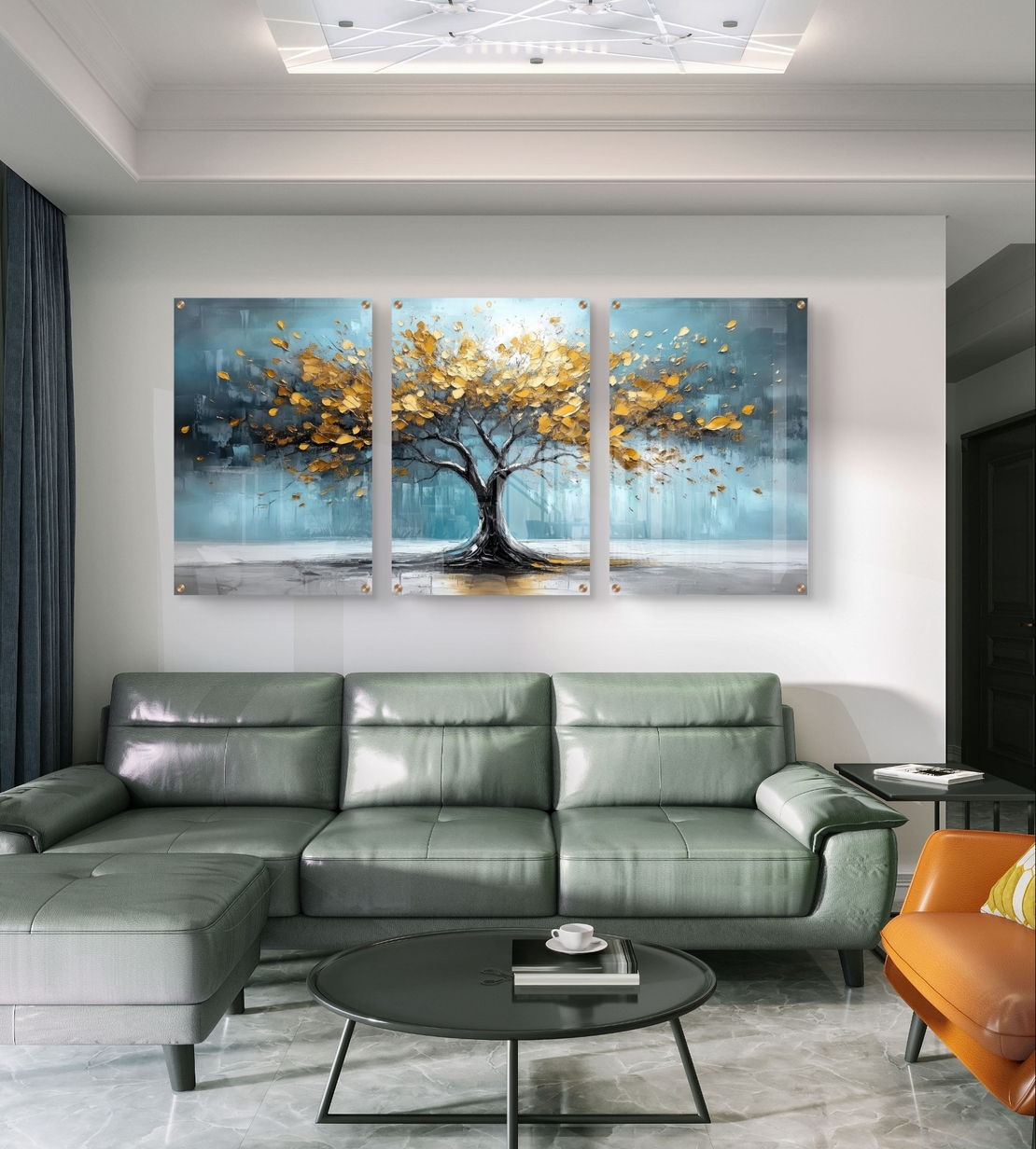 תמונת זכוכית שלישייה עם עץ זהוב על רקע כחול טורקיז בעיצוב מודרני