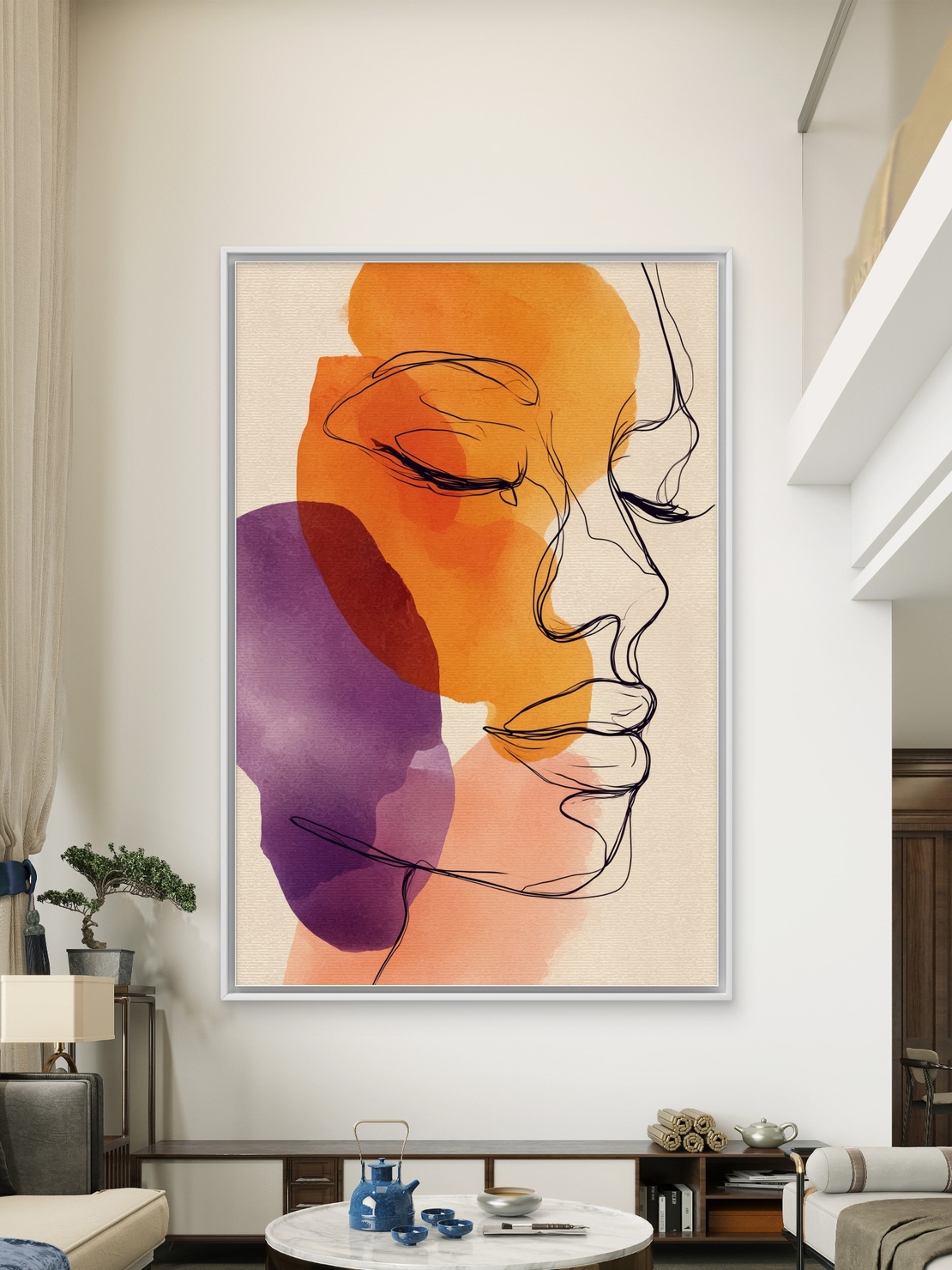 תמונת קנבס של דמות נשית בסגנון קווי עם כתמי צבע בגווני כתום וסגול – NEXTGEN BY BAR