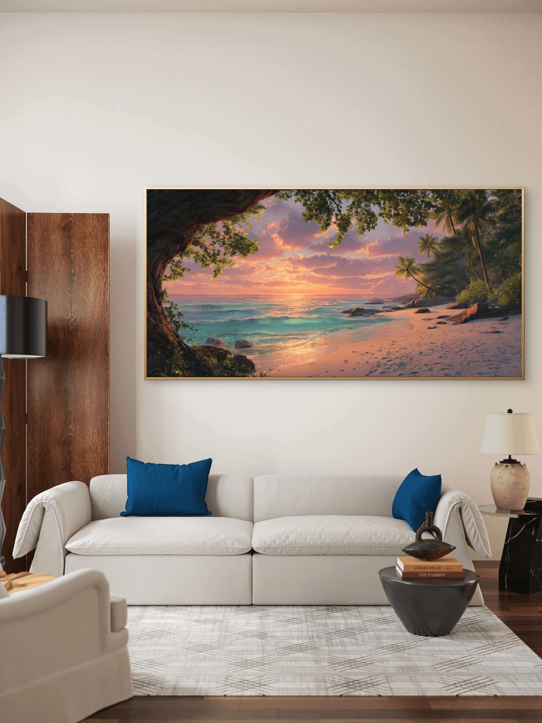 תמונת קנבס לרוחב של חוף טרופי בשקיעה עם עצי קוקוס, גלים וצבעי זהב וטורקיז – NEXTGEN BY BAR