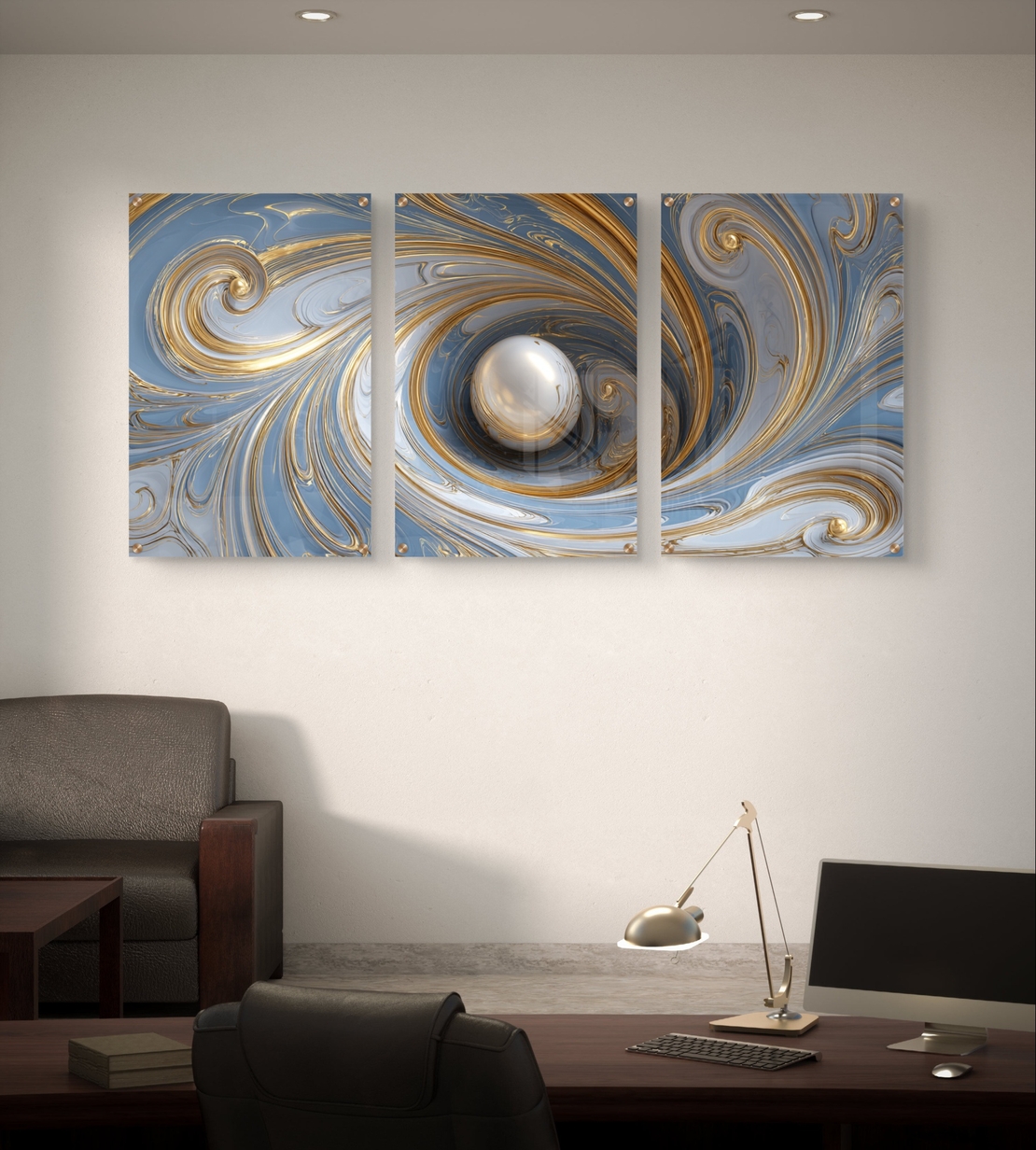 סט שלישייה של תמונות זכוכית אבסטרקטיות בגווני תכלת, לבן וזהב עם כדור מרכזי ועיצוב מודרני
