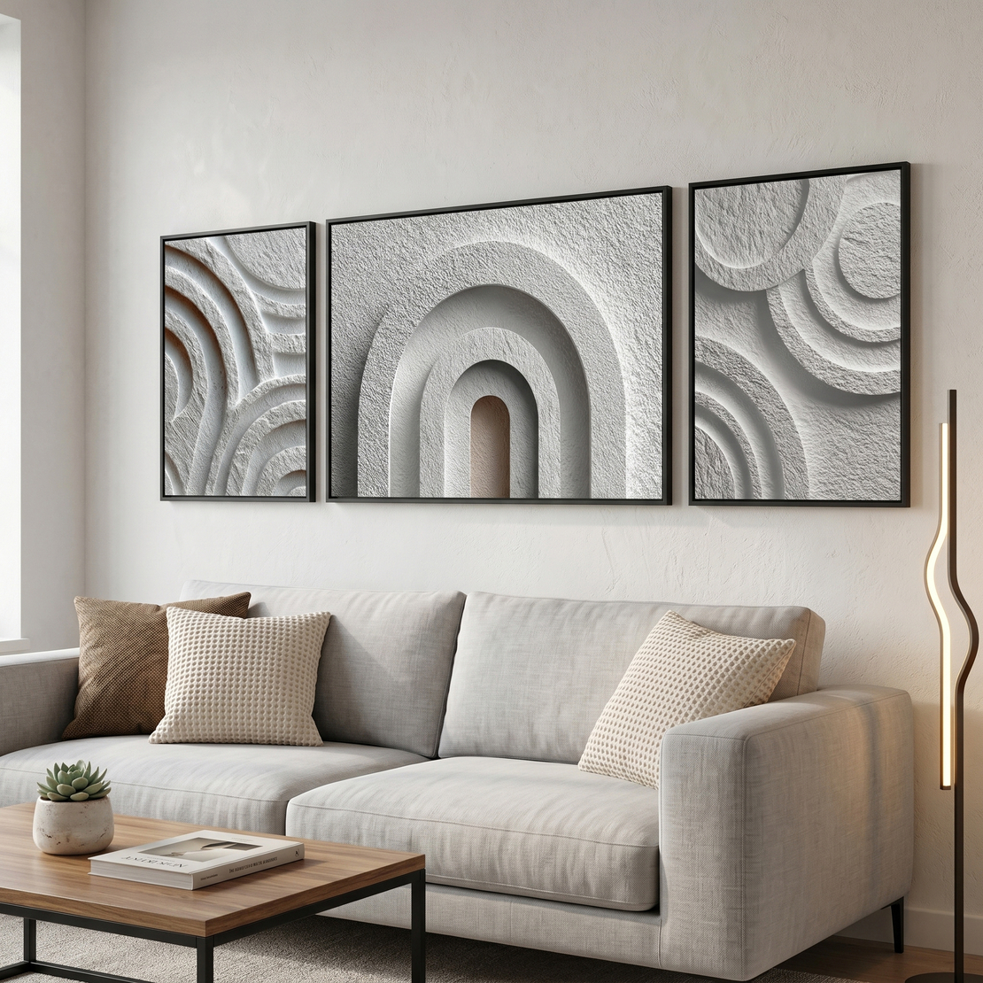 שלישיית קנבס קשתות טקסטורליות בגווני אבן ושמנת – דגם RR3314