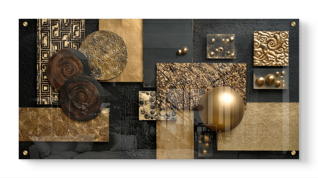 תמונת זכוכית אבסטרקטית לרוחב בעיצוב גאומטרי יוקרתי בגווני זהב ושחור עם טקסטורות עמוקות