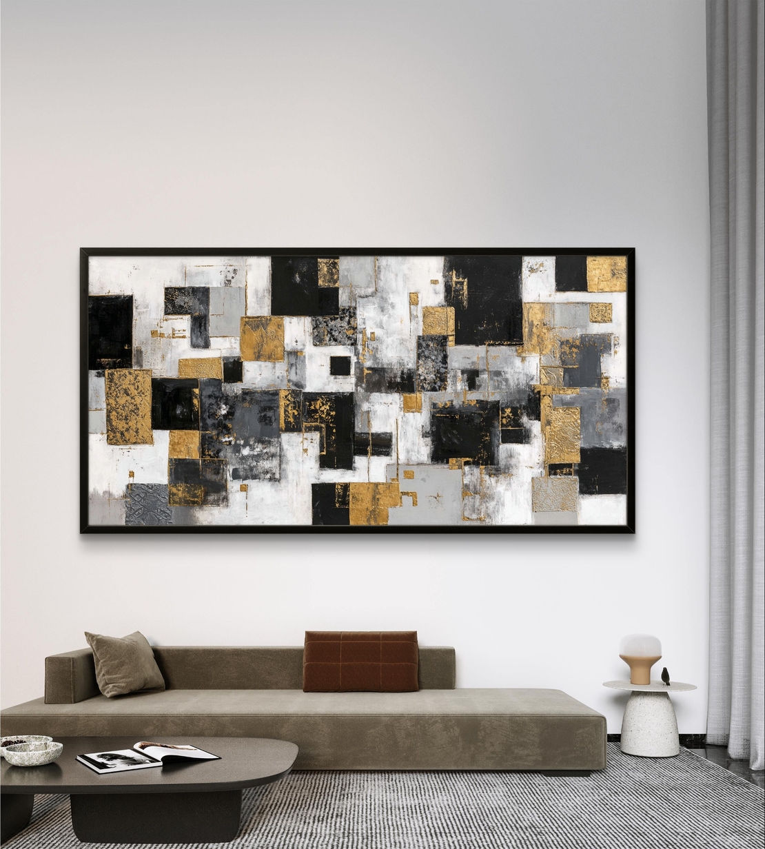 ציור קנבס מודרני עם קומפוזיציה גיאומטרית יוקרתית בשחור וזהב לסלון