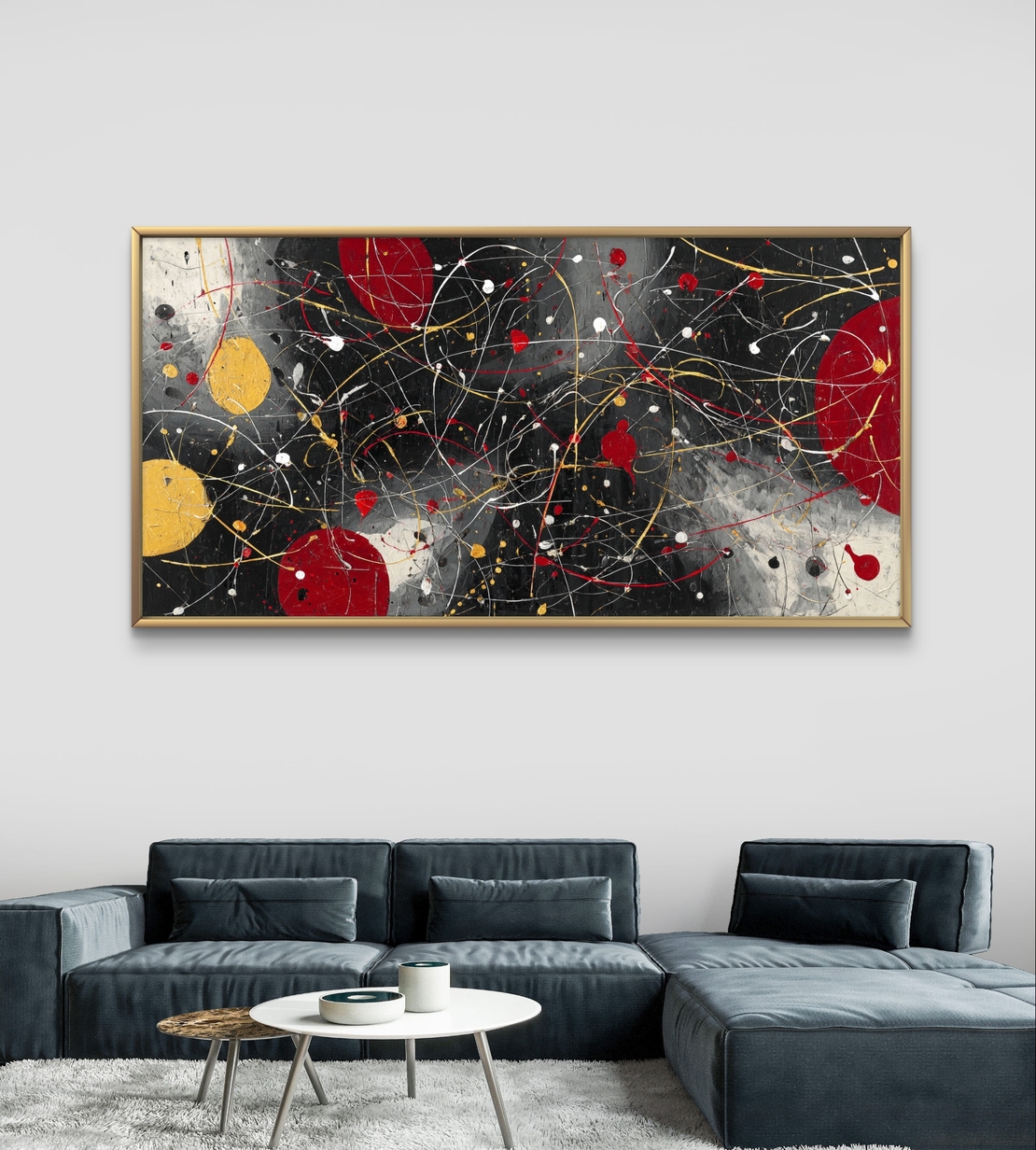 תמונת קנבס אבסטרקטית לרוחב בגווני שחור, אדום וצהוב עם קווים דינמיים ונגיעות זהב