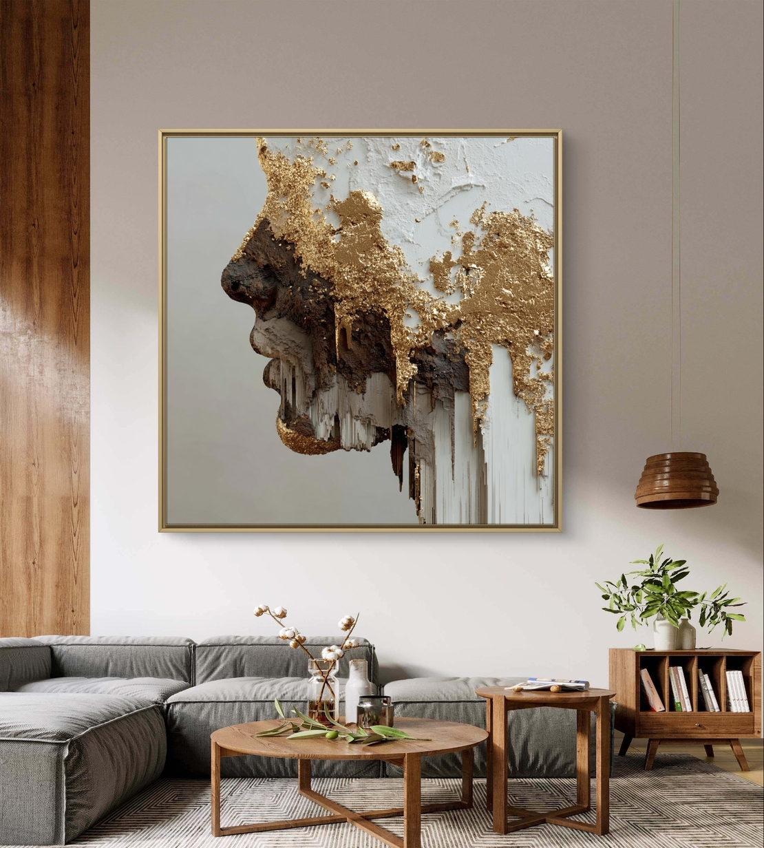 תמונה יוקרתית לקיר בגווני לבן, חום וזהב בסגנון מופשט.