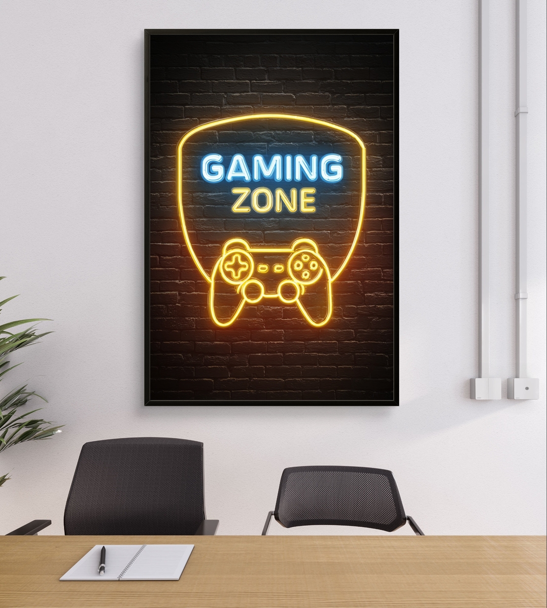 תמונת קנבס עם כיתוב Gaming Zone בעיצוב ניאון ובקר משחק על רקע כהה, מתאימה לחדר גיימינג וחדר נוער