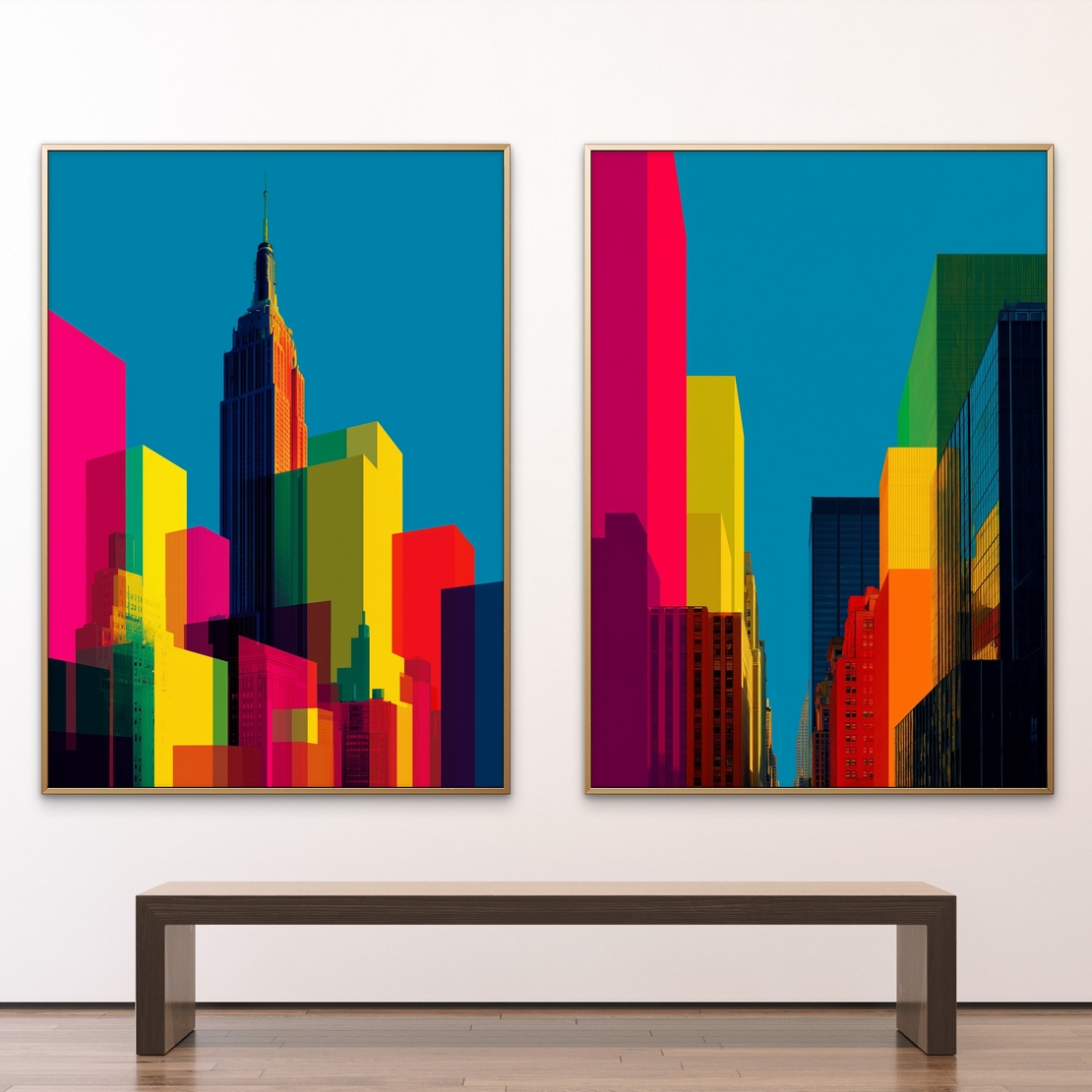 זוג תמונות קנבס אורבניות של ניו־יורק בצבעי ניאון חזקים על רקע כחול – NEXTGEN BY BAR